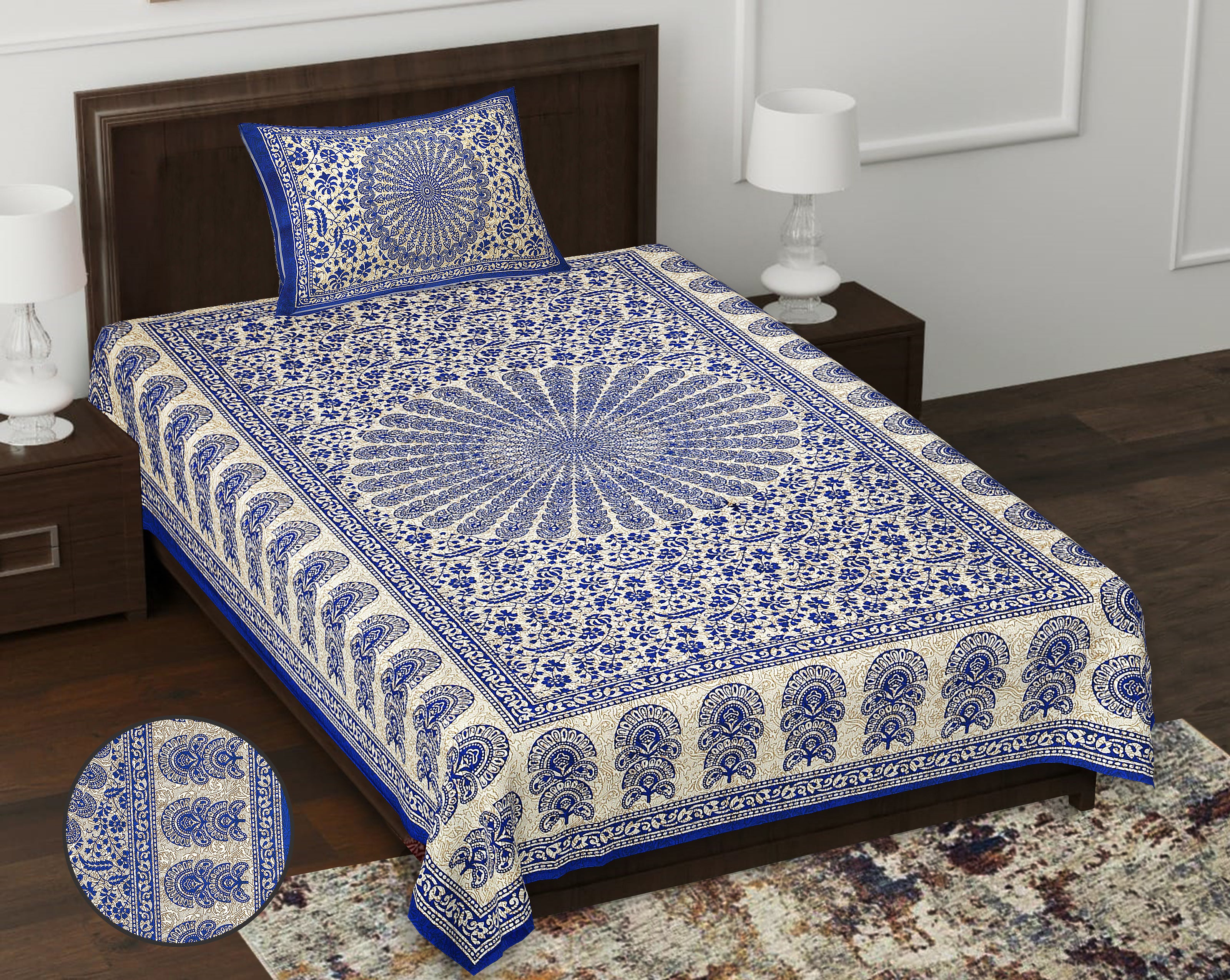 59" Traditional Mandala & Paisley Print 100% Cotton Single Bedsheet with 1 Pillow Cover (60x90)