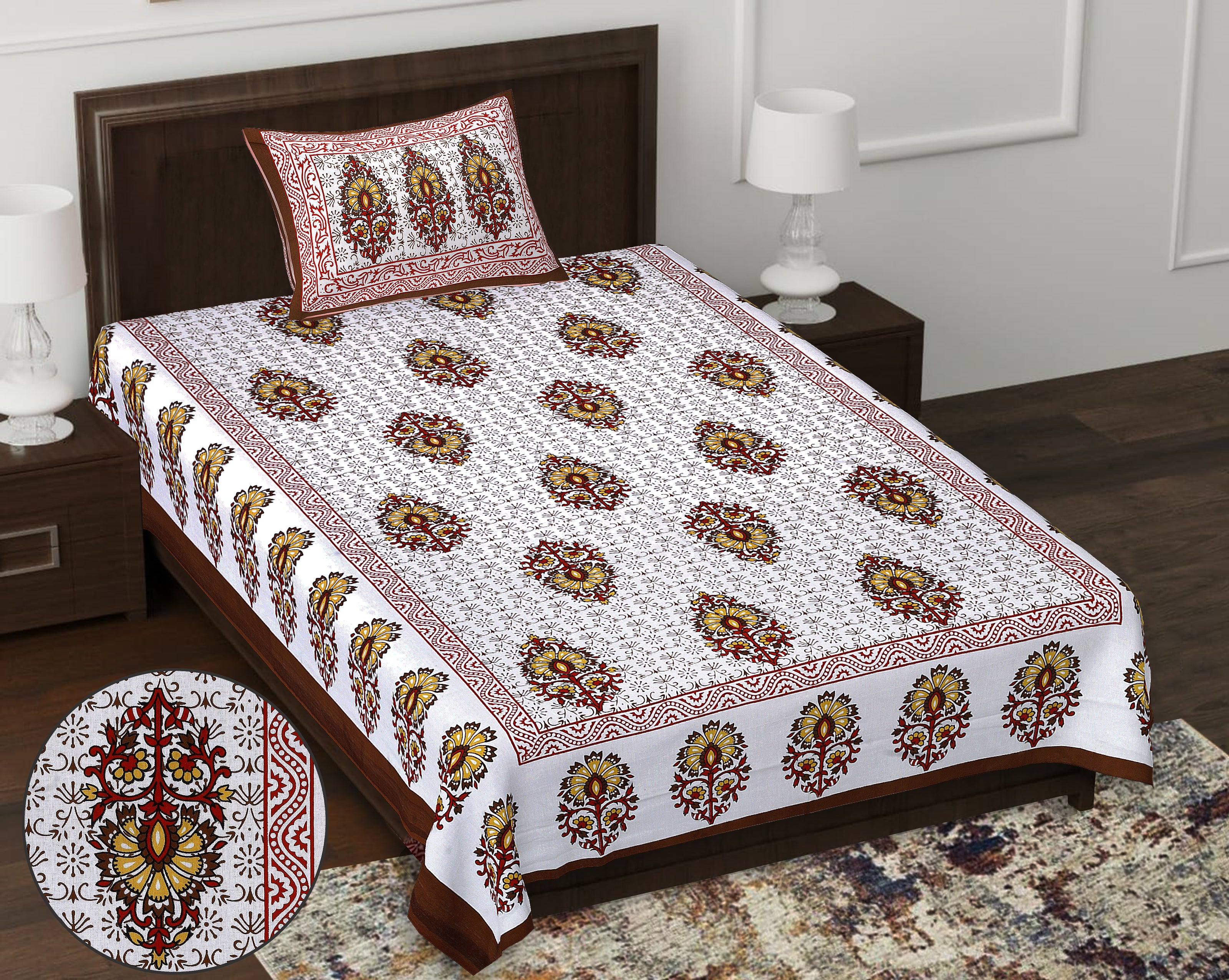 59" Elegant Floral Vine Print 100% Cotton Single Bedsheet with 1 Pillow Cover (60x90)