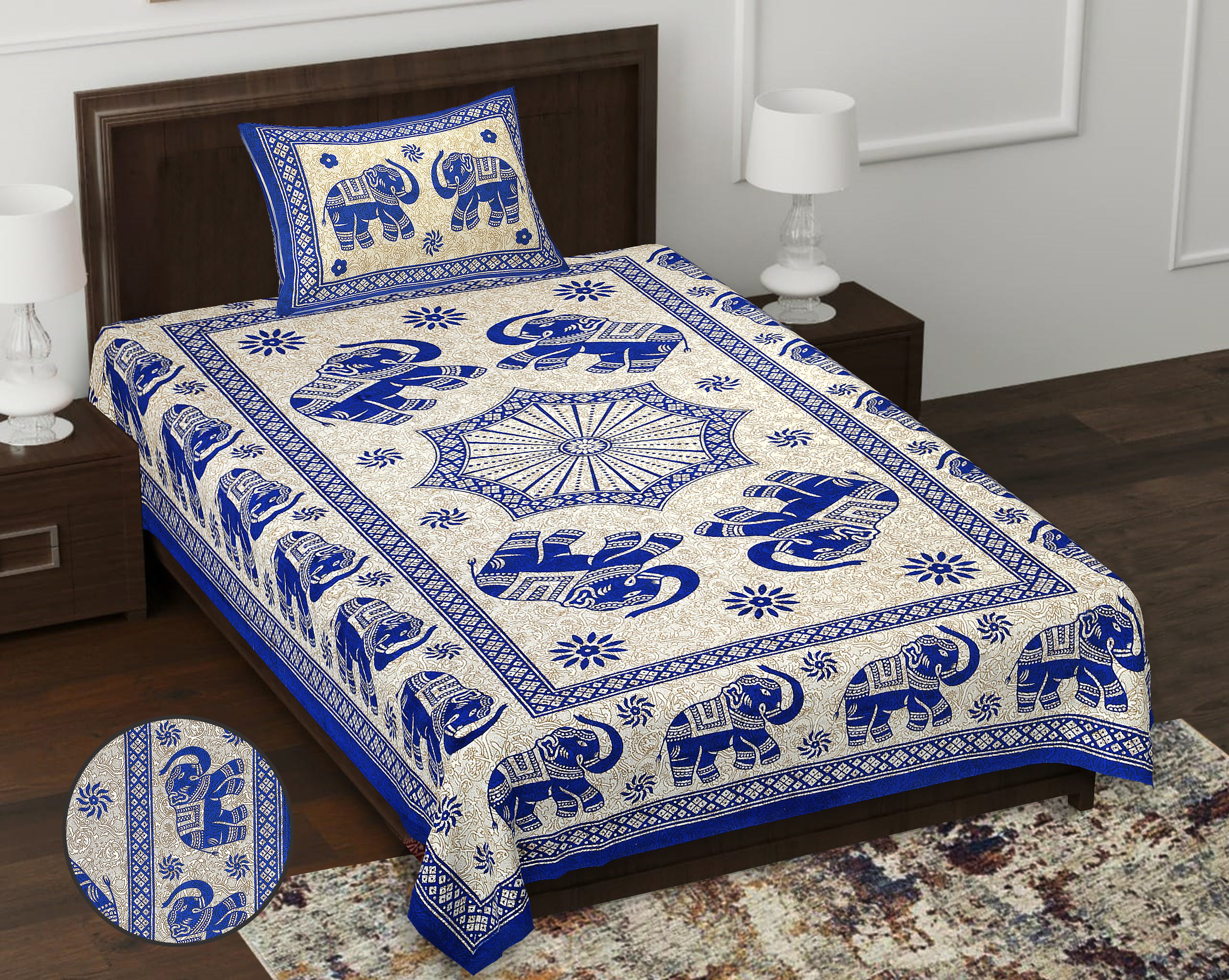 59" Eco Elephant Design 100% Cotton Single Bedsheet With 1 Pillow Cover, 60/90