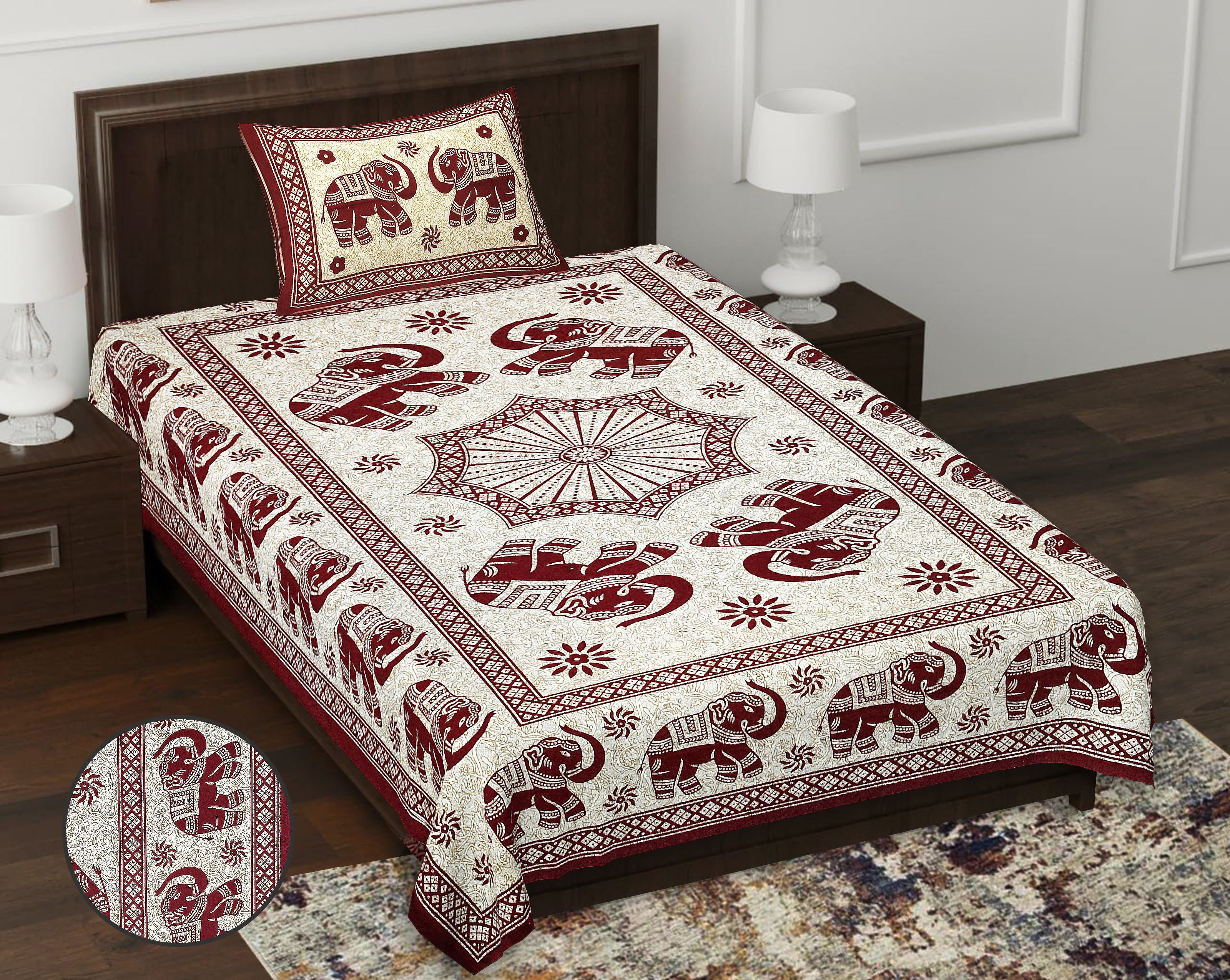 59" Eco Elephant Design 100% Cotton Single Bedsheet With 1 Pillow Cover, 60/90