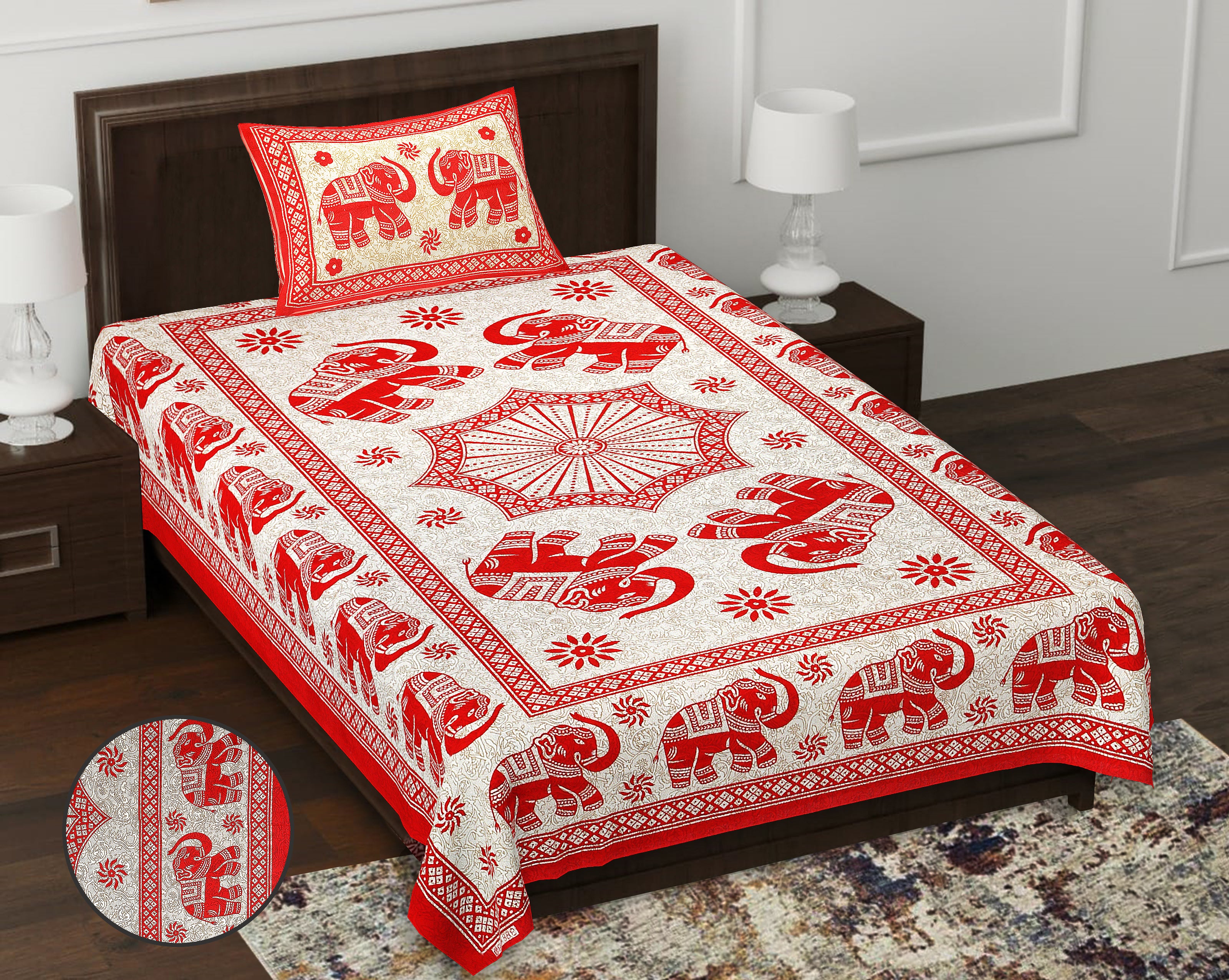 59" Eco Elephant Design 100% Cotton Single Bedsheet With 1 Pillow Cover, 60/90