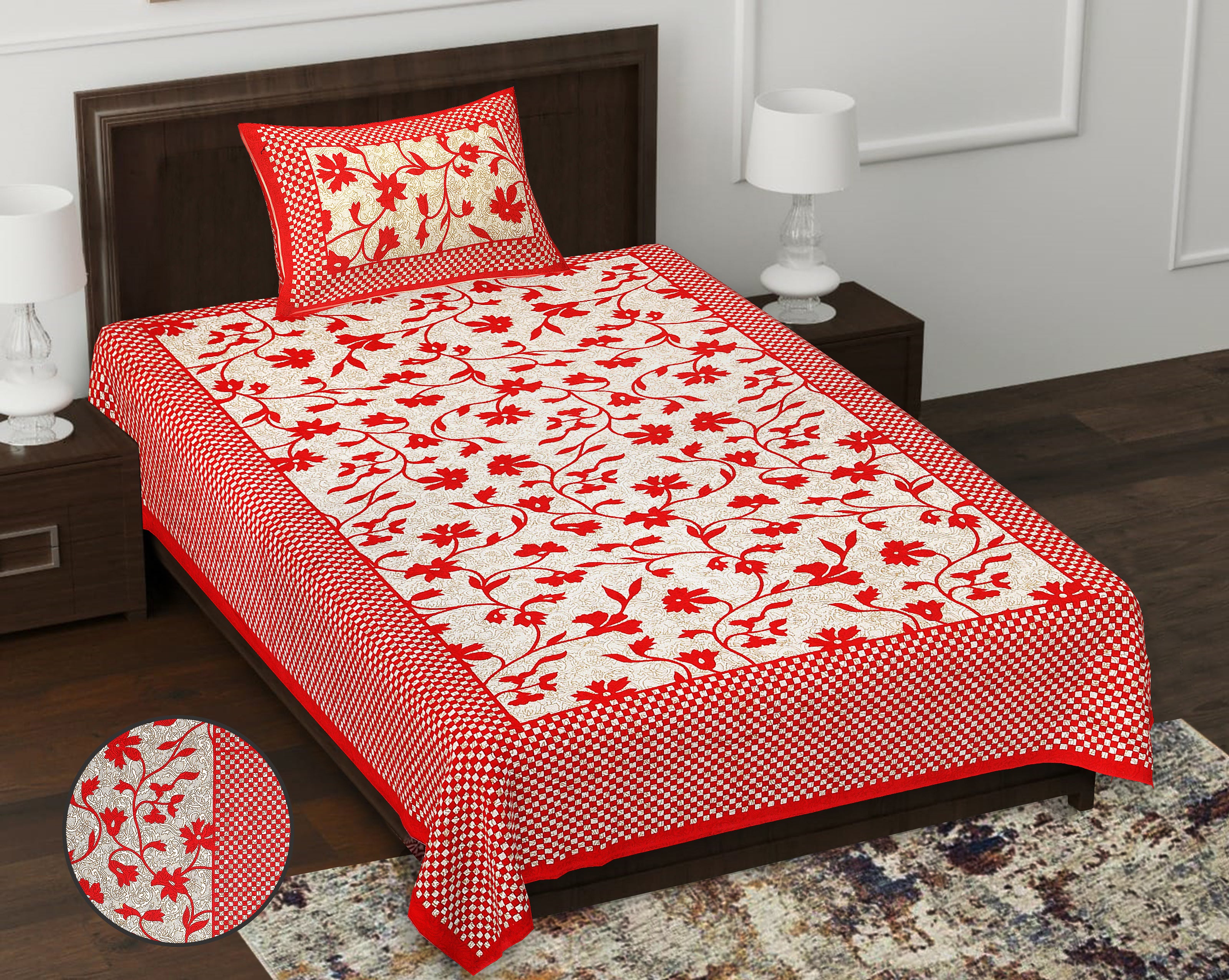 59" Elegant Floral Vine Print 100% Cotton Single Bedsheet with 1 Pillow Cover (60x90)