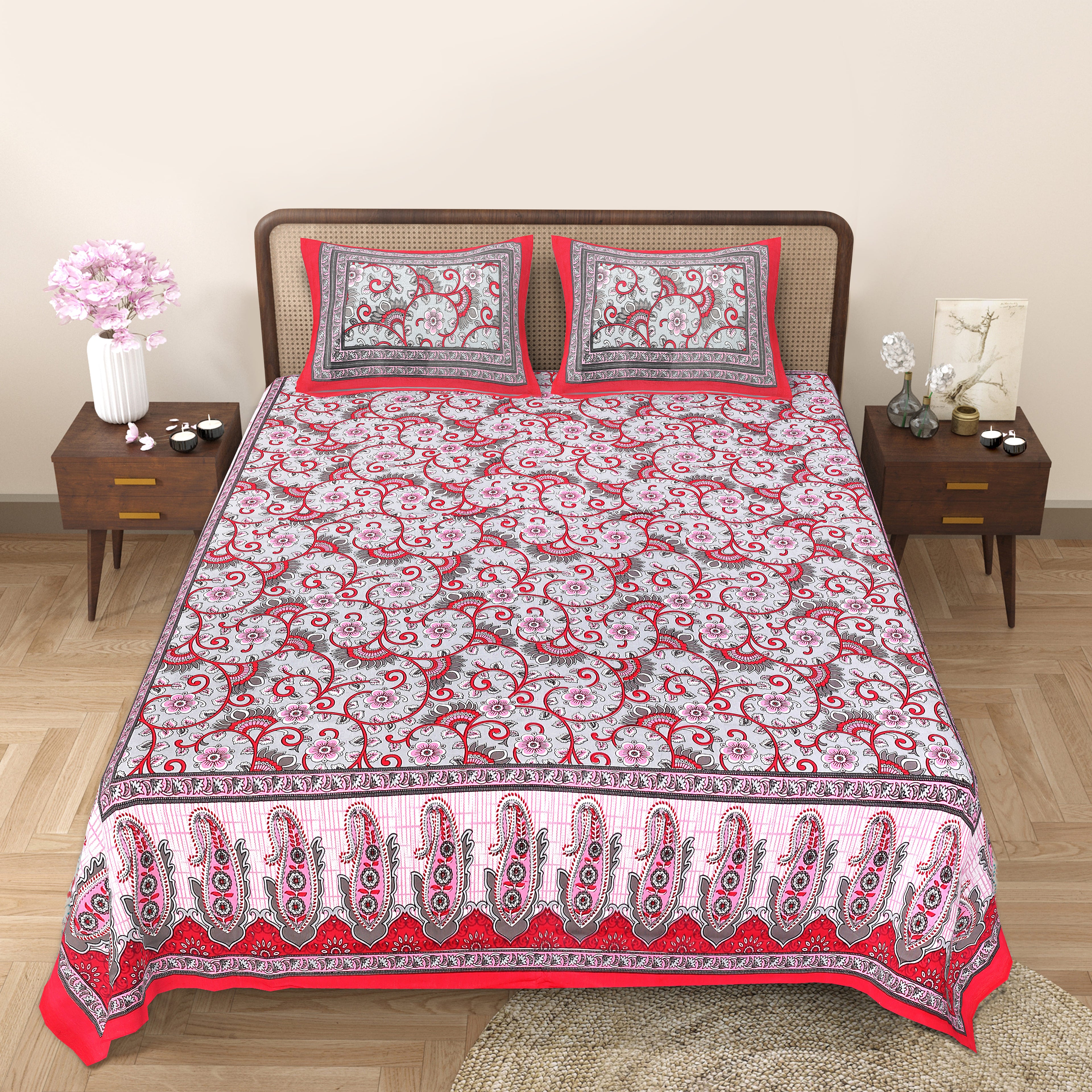 Heritage Collection Cotton Double Bedsheet with Pillow Covers | Paisley & Floral Print | 90x100 Inches