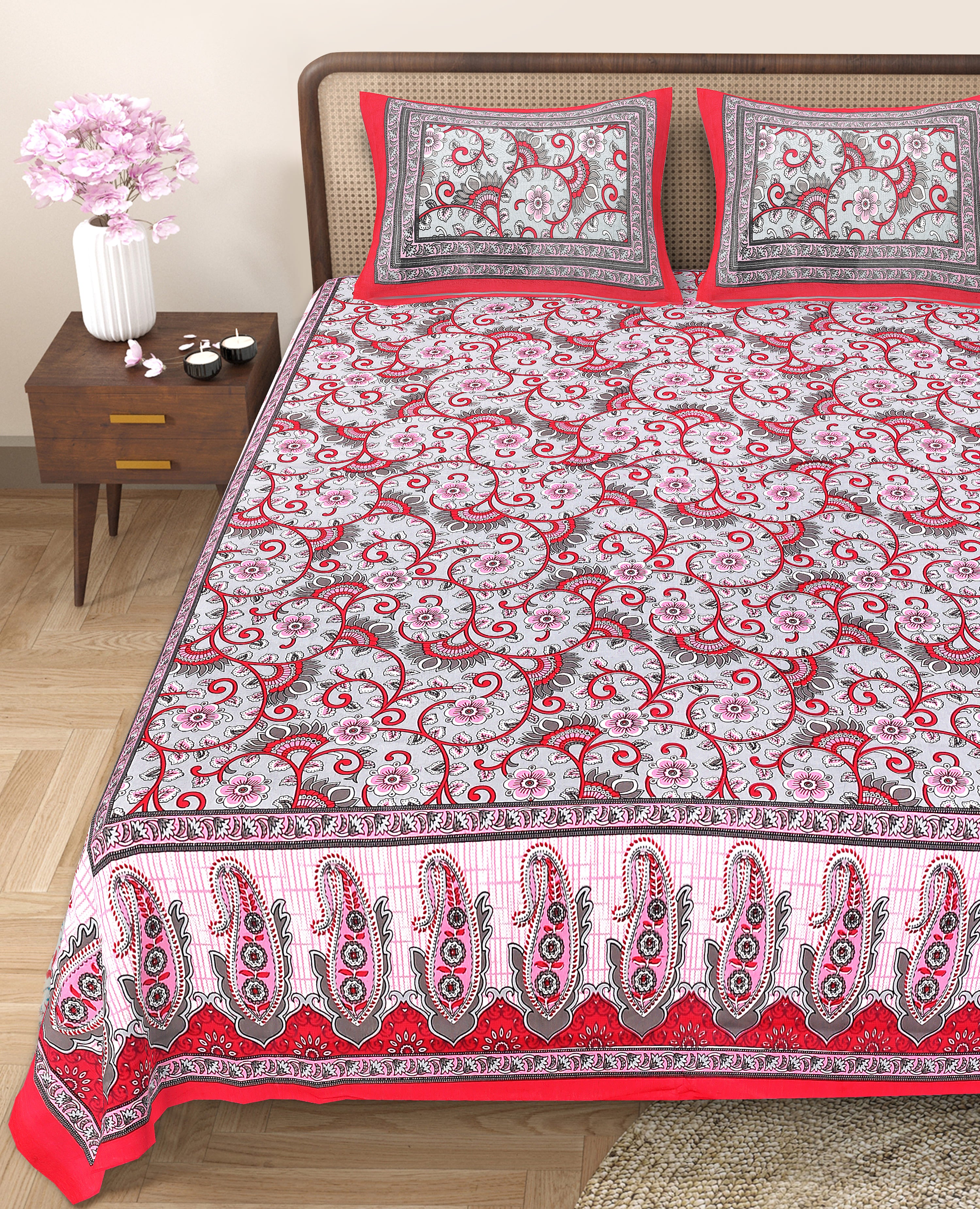 Heritage Collection Cotton Double Bedsheet with Pillow Covers | Paisley & Floral Print | 90x100 Inches