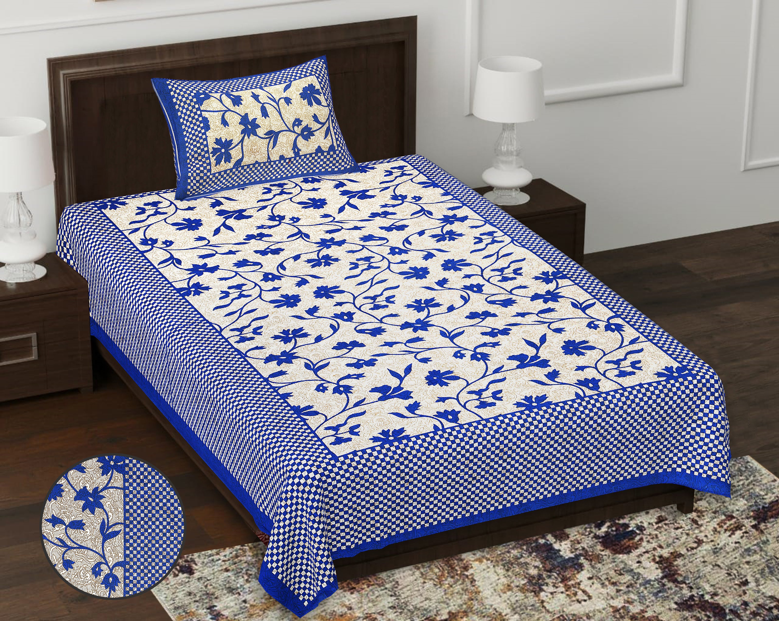 59" Elegant Floral Vine Print 100% Cotton Single Bedsheet with 1 Pillow Cover (60x90)