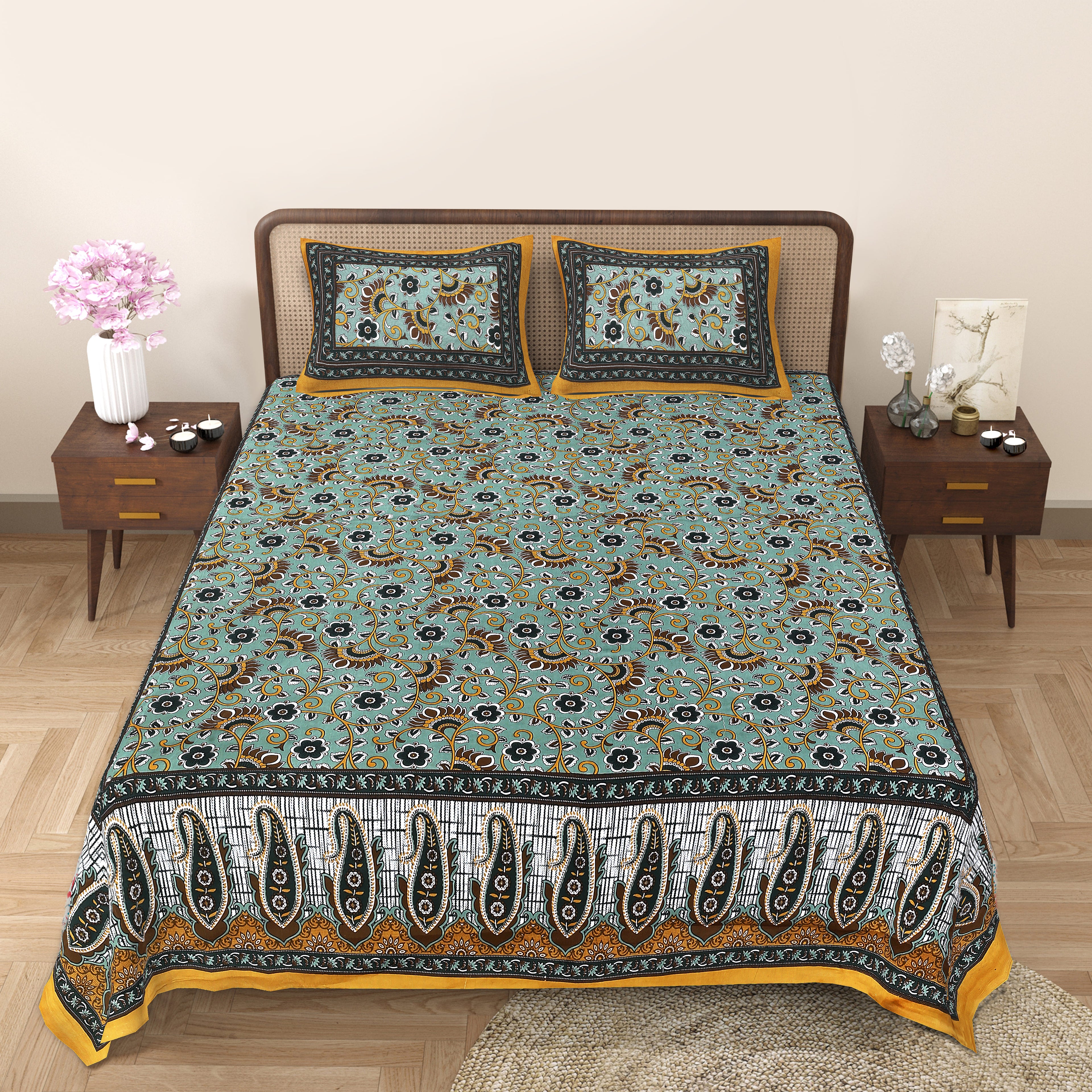 Heritage Collection Cotton Double Bedsheet with Pillow Covers | Paisley & Floral Print | 90x100 Inches