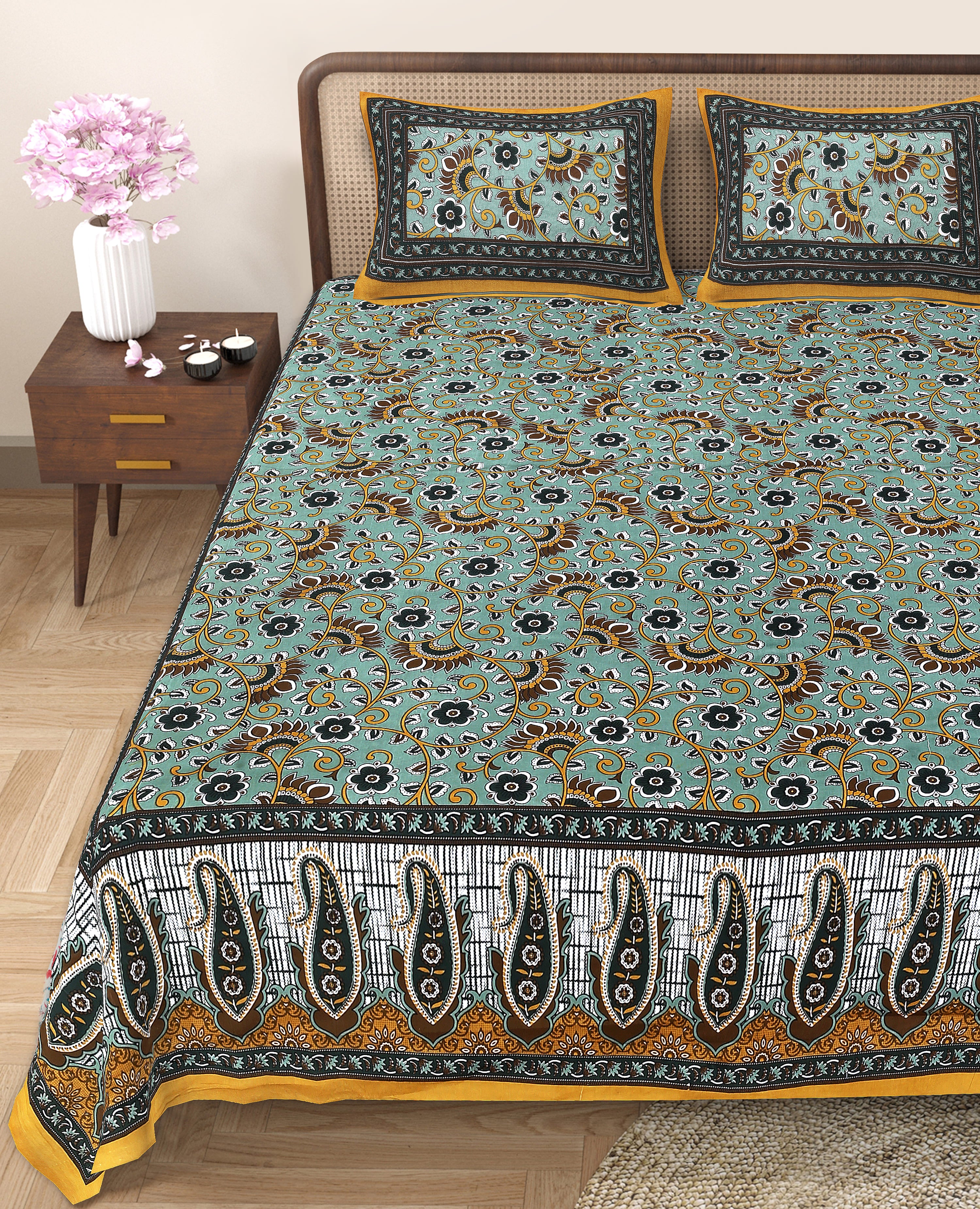 Heritage Collection Cotton Double Bedsheet with Pillow Covers | Paisley & Floral Print | 90x100 Inches