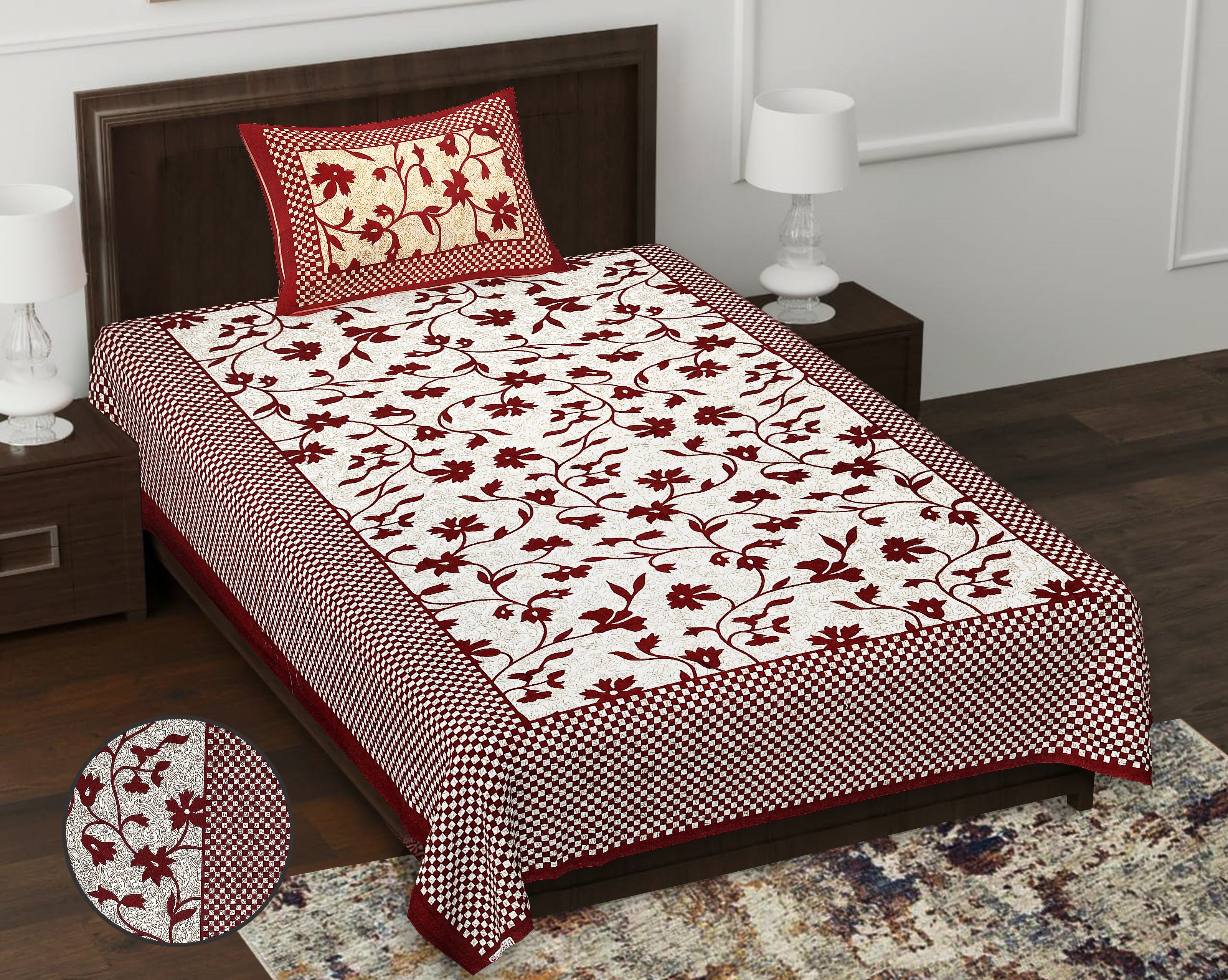 59" Elegant Floral Vine Print 100% Cotton Single Bedsheet with 1 Pillow Cover (60x90)