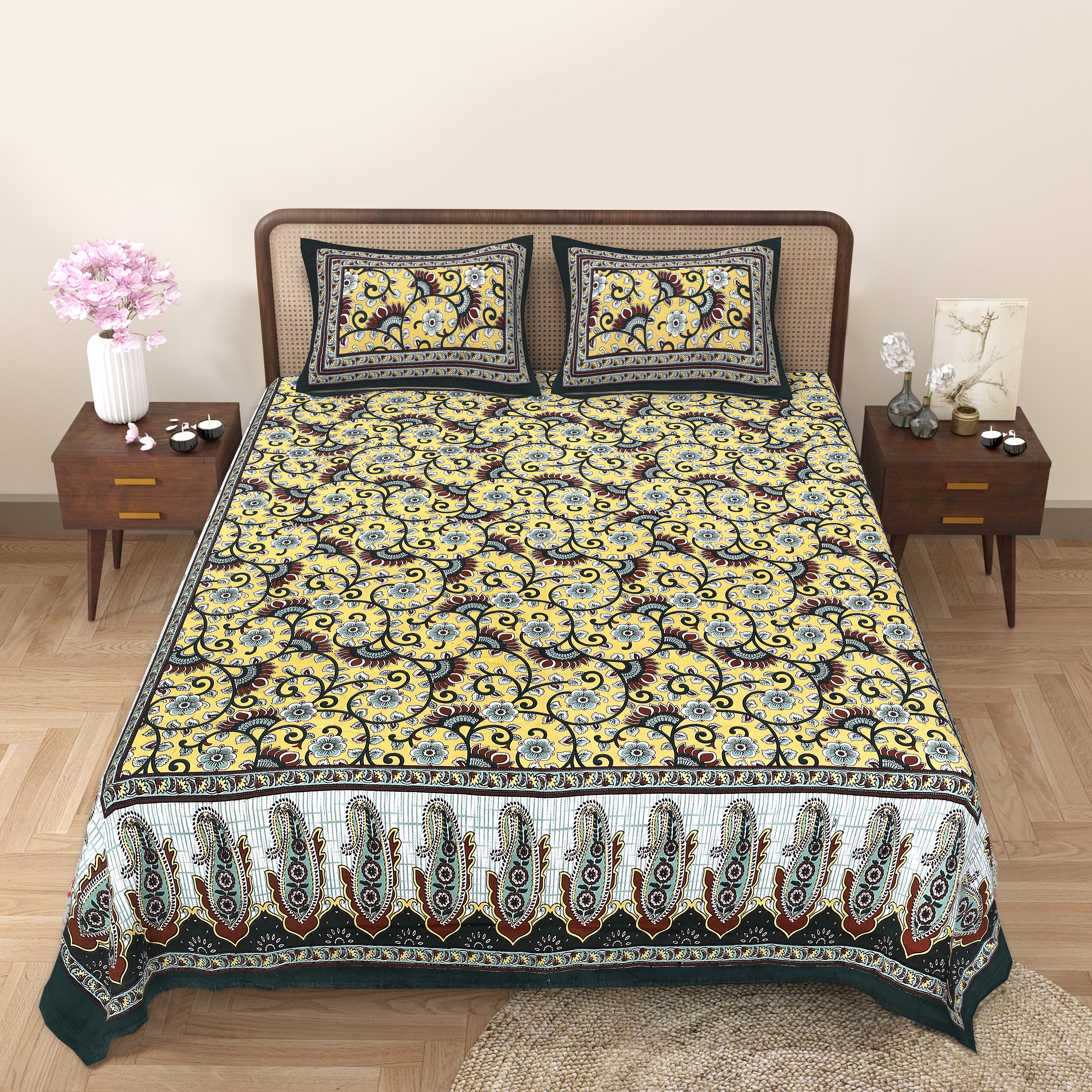 Heritage Collection Cotton Double Bedsheet with Pillow Covers | Paisley & Floral Print | 90x100 Inches