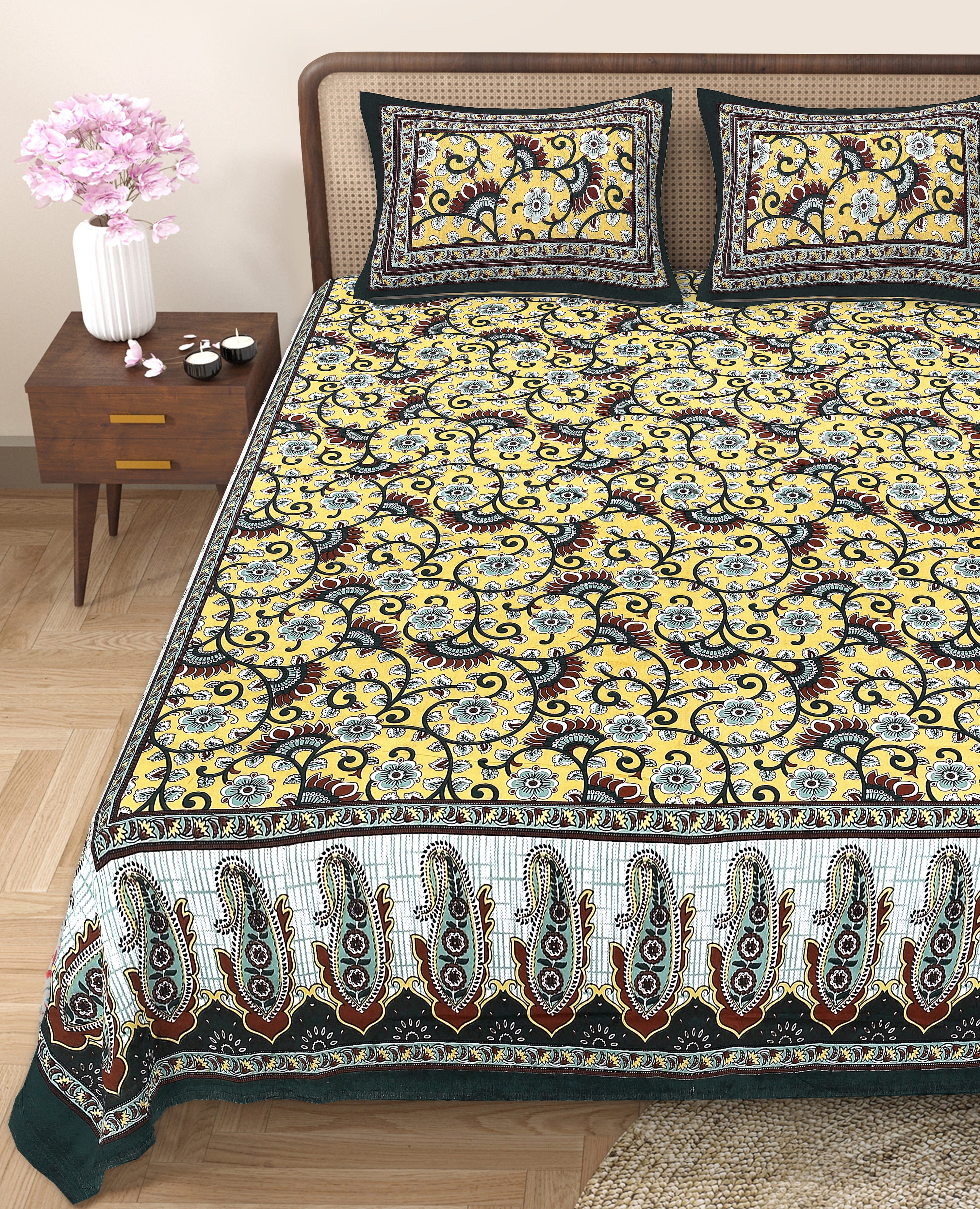 Heritage Collection Cotton Double Bedsheet with Pillow Covers | Paisley & Floral Print | 90x100 Inches