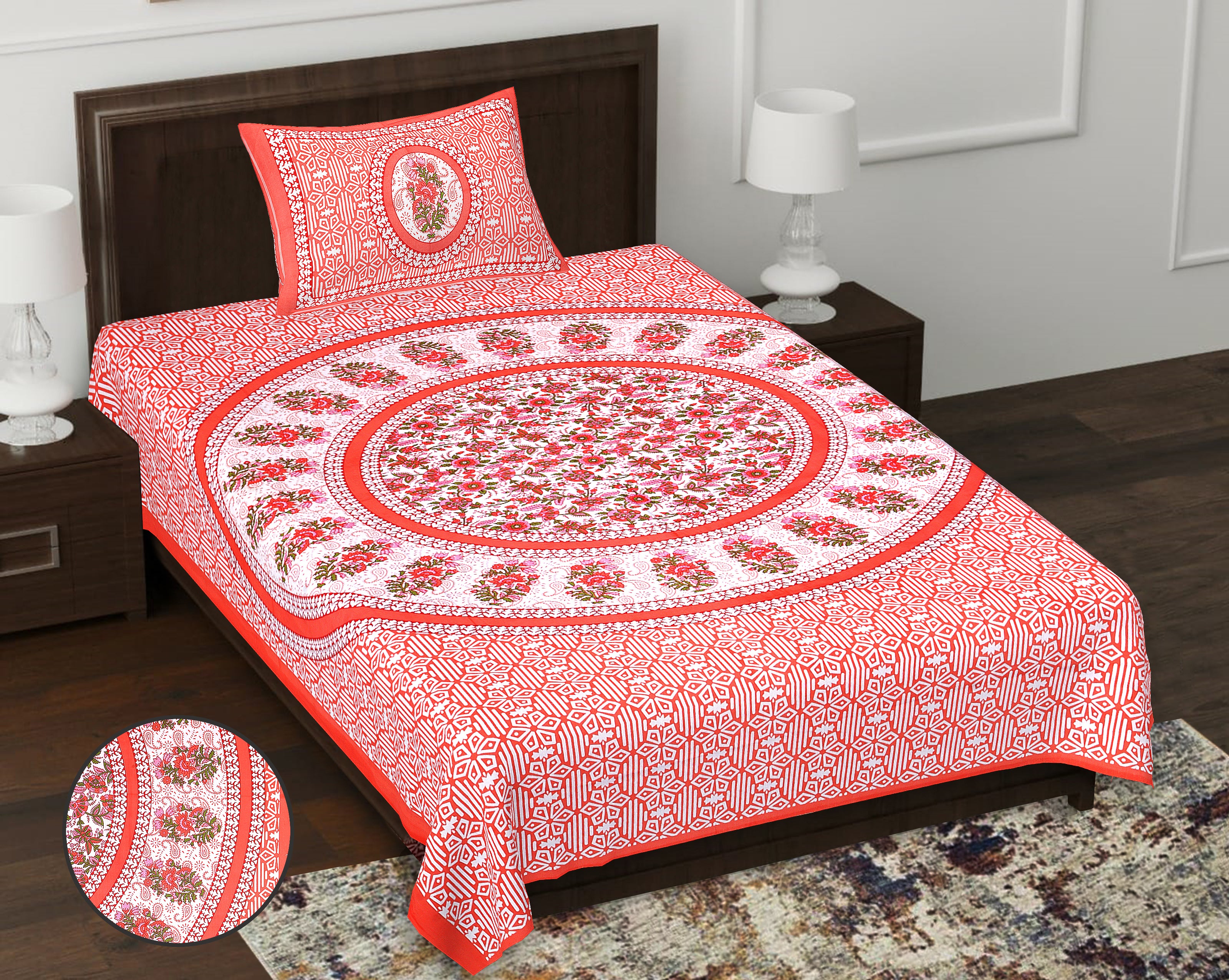 59" Ethnic Floral Mandala Print 100% Cotton Single Bedsheet with 1 Pillow Cover (60x90)