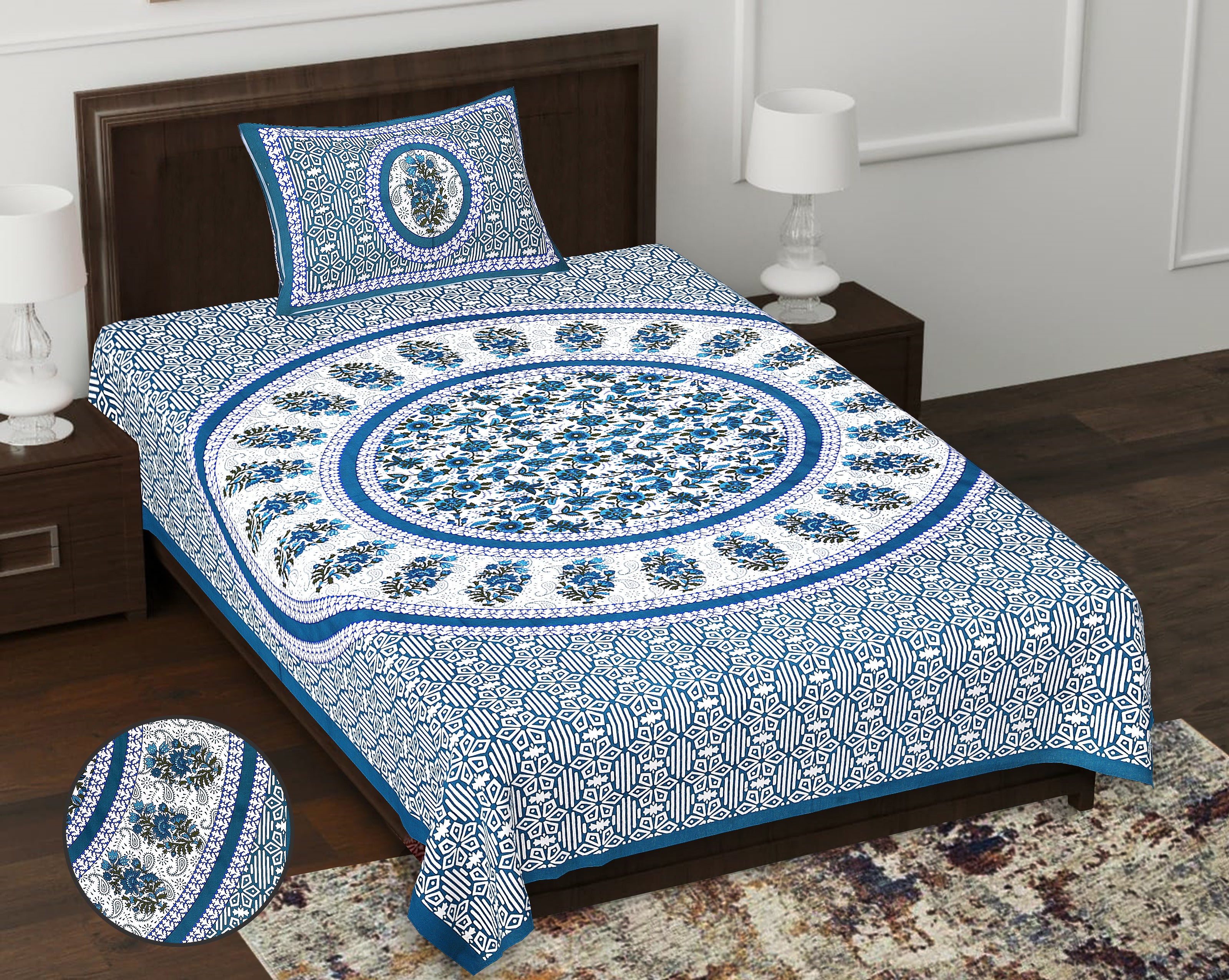 59" Ethnic Floral Mandala Print 100% Cotton Single Bedsheet with 1 Pillow Cover (60x90)