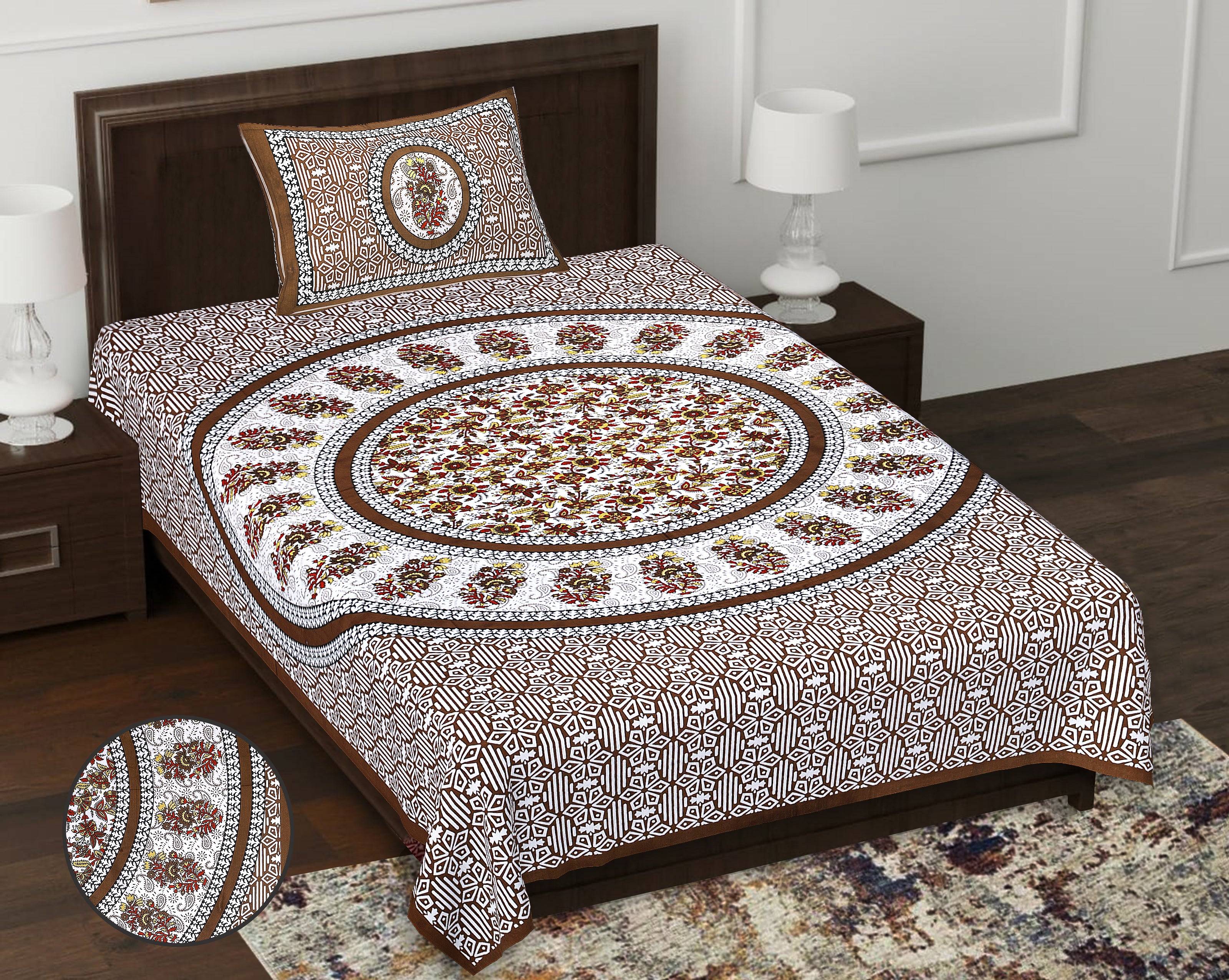 59" Ethnic Floral Mandala Print 100% Cotton Single Bedsheet with 1 Pillow Cover (60x90)