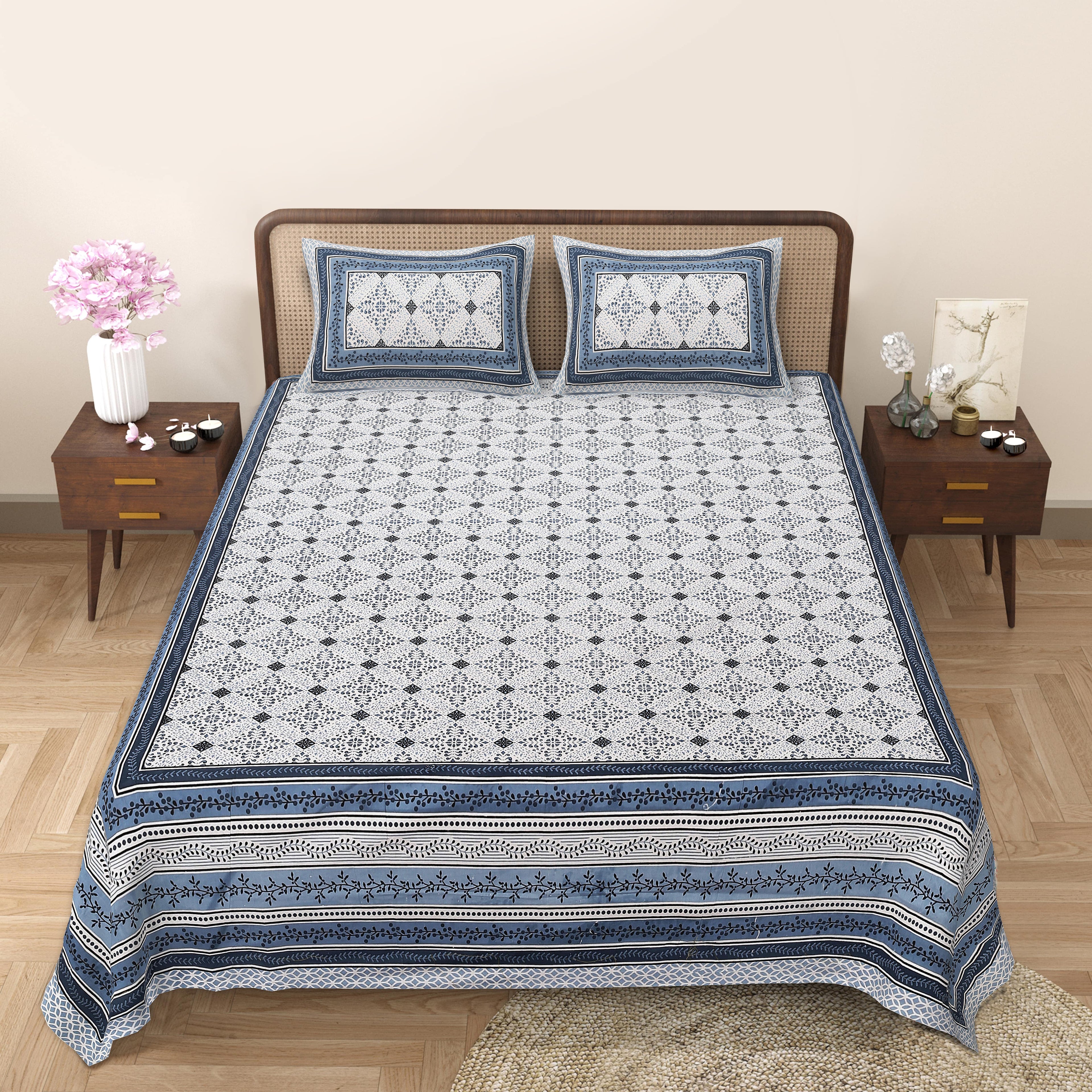 Rangmahal Collection 90x108 Viscose Double Bedsheet with Intricate Motifs & Matching Pillow Covers