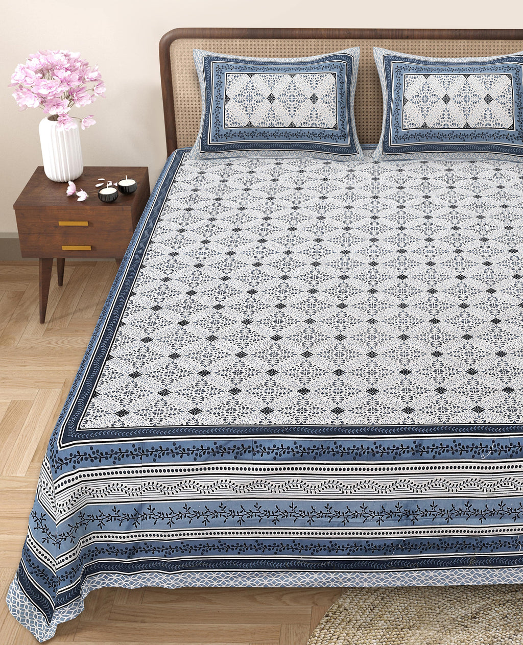 Rangmahal Collection 90x108 Viscose Double Bedsheet with Intricate Motifs & Matching Pillow Covers