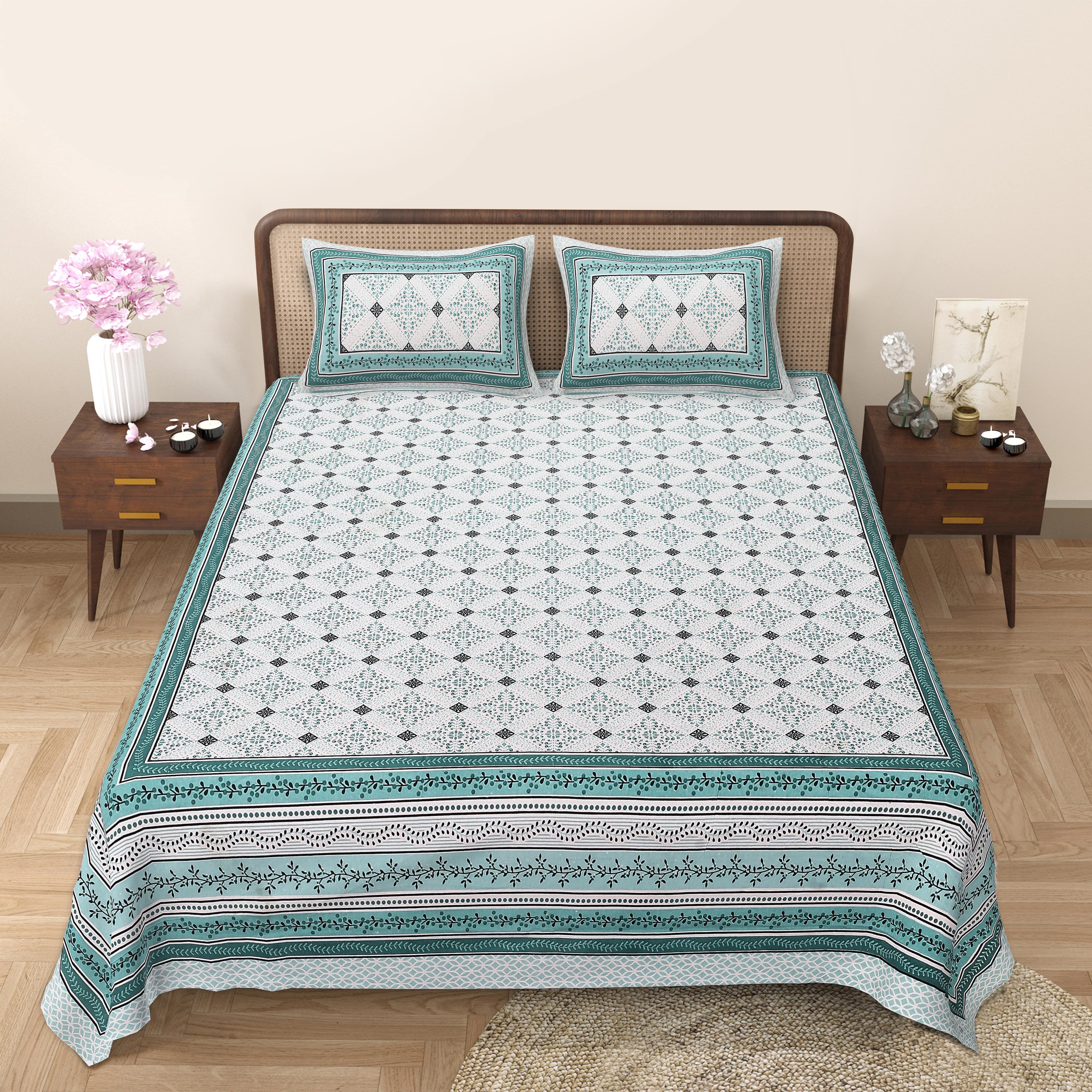 Rangmahal Collection 90x108 Viscose Double Bedsheet with Intricate Motifs & Matching Pillow Covers