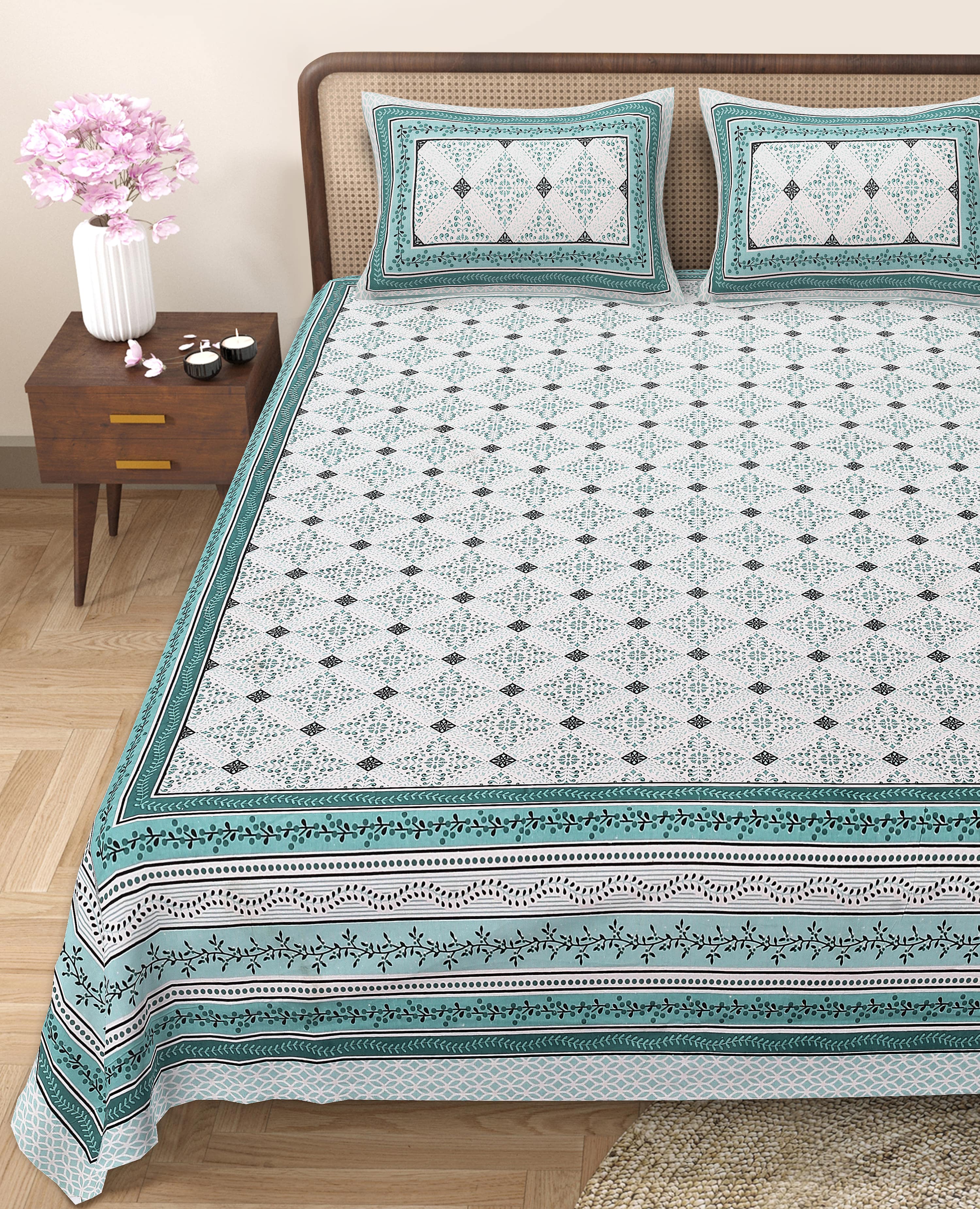Rangmahal Collection 90x108 Viscose Double Bedsheet with Intricate Motifs & Matching Pillow Covers