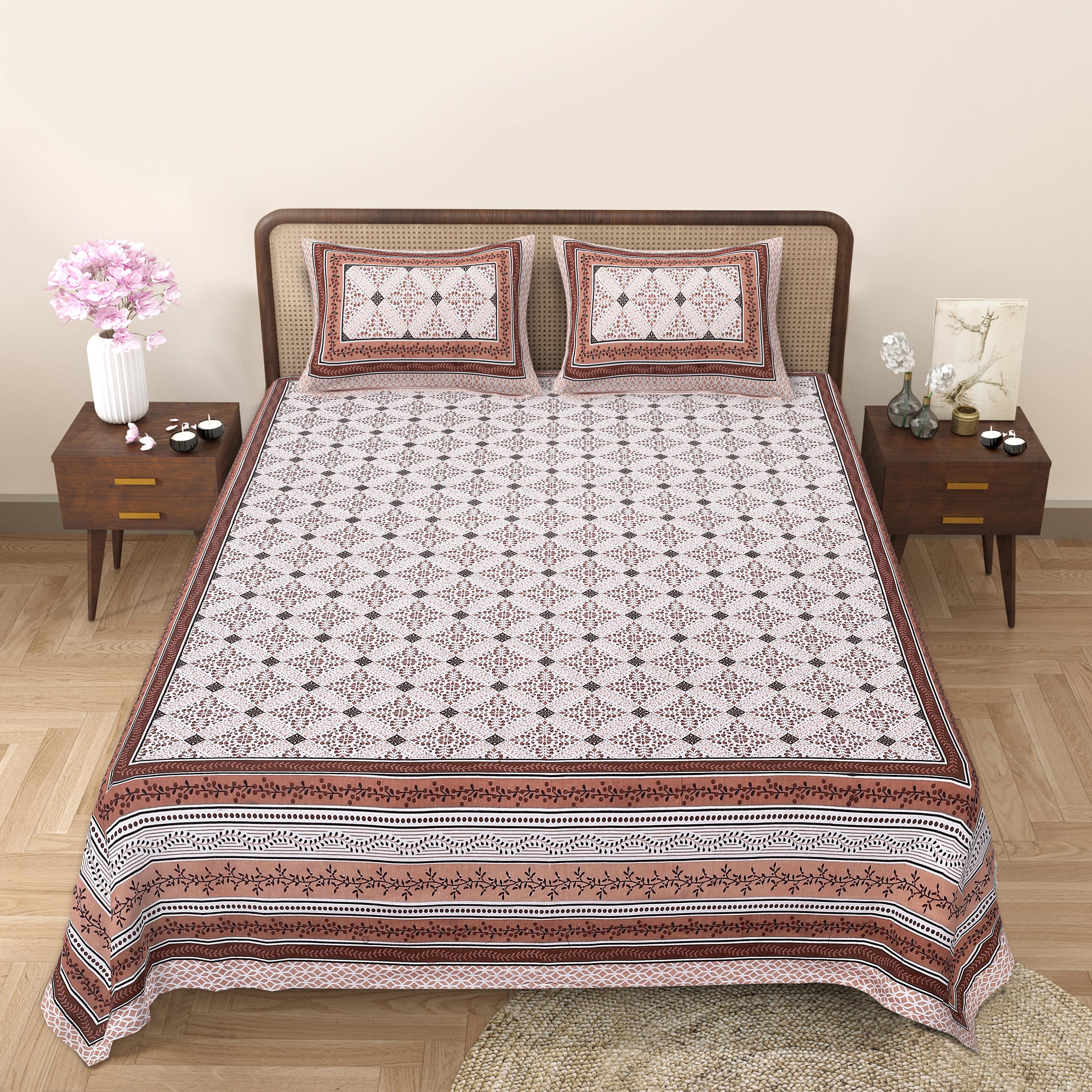 Rangmahal Collection 90x108 Viscose Double Bedsheet with Intricate Motifs & Matching Pillow Covers