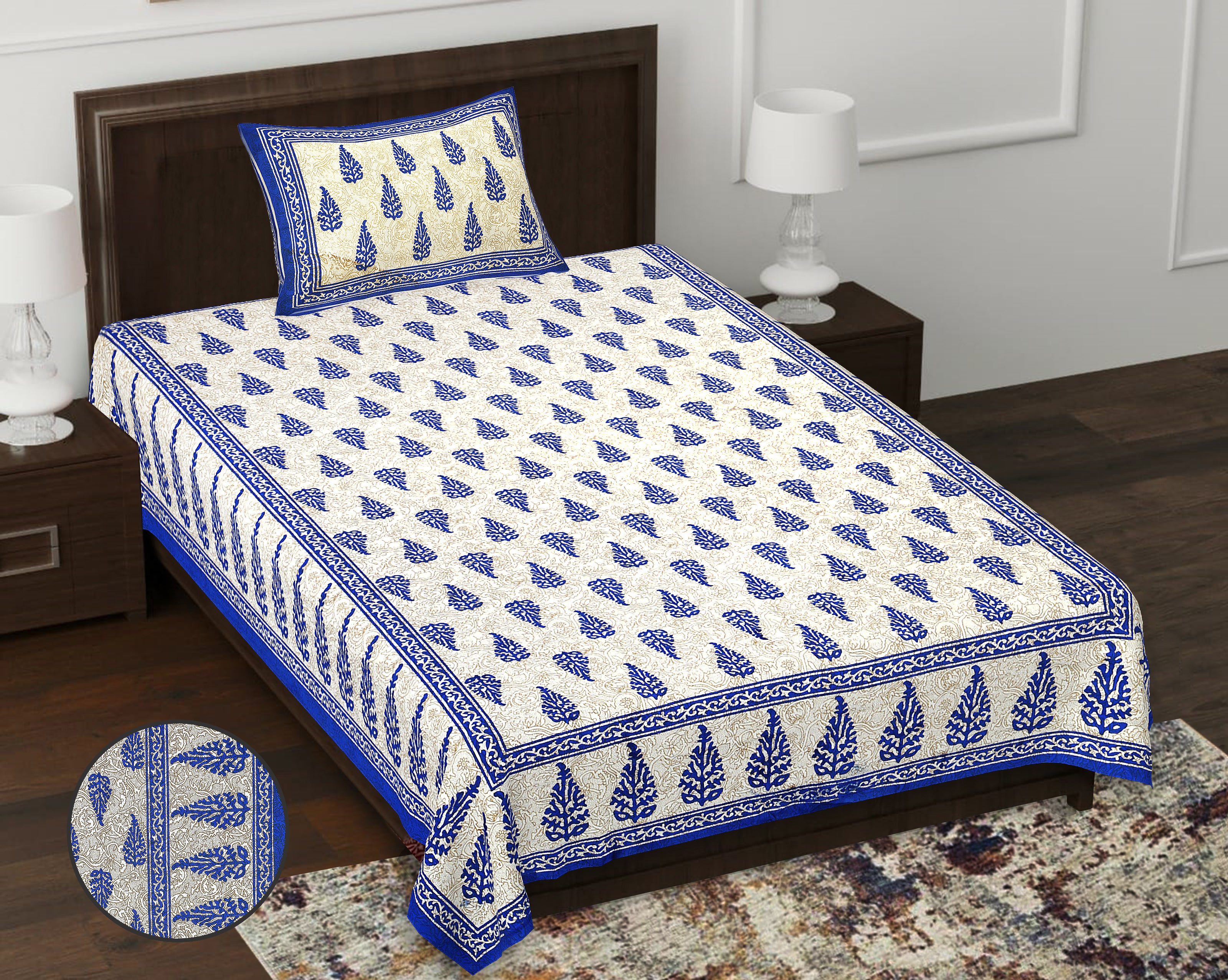 59" Eco Handblock Print 100% Cotton Single Bedsheet with 1 Pillow Cover (60x90)