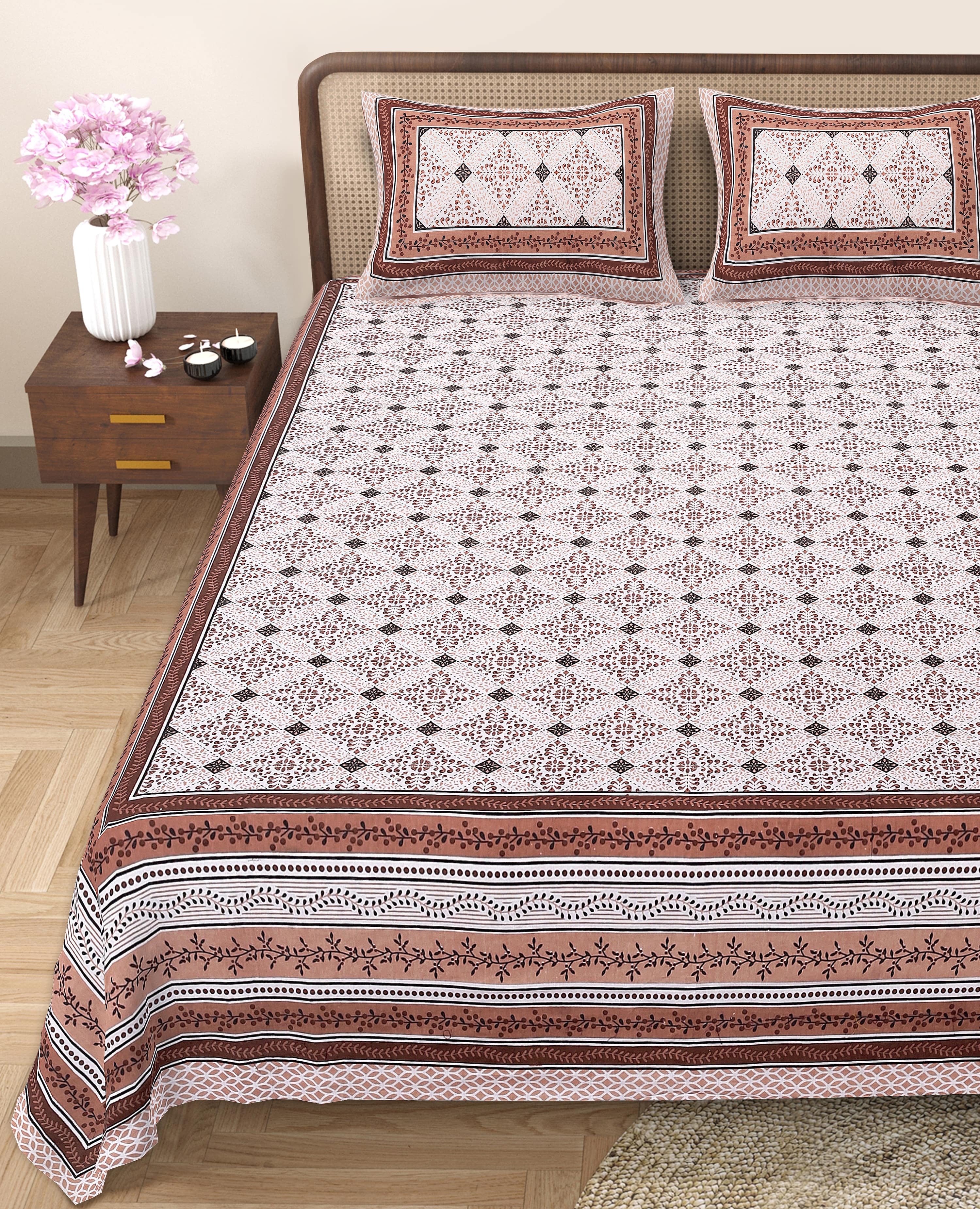 Rangmahal Collection 90x108 Viscose Double Bedsheet with Intricate Motifs & Matching Pillow Covers