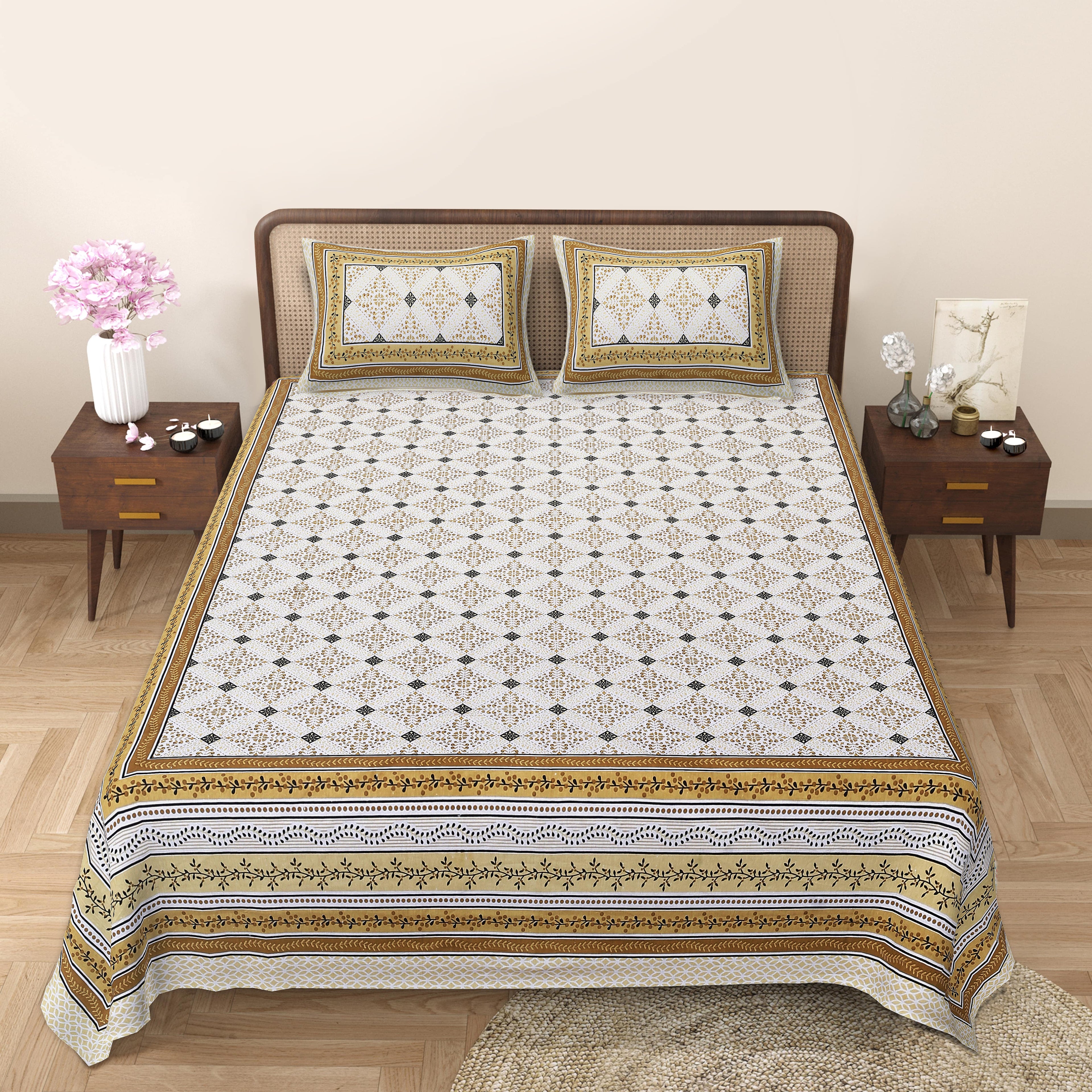 Rangmahal Collection 90x108 Viscose Double Bedsheet with Intricate Motifs & Matching Pillow Covers