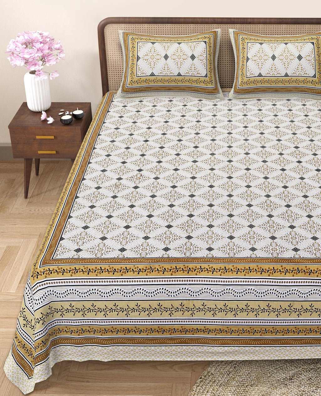 Rangmahal Collection 90x108 Viscose Double Bedsheet with Intricate Motifs & Matching Pillow Covers