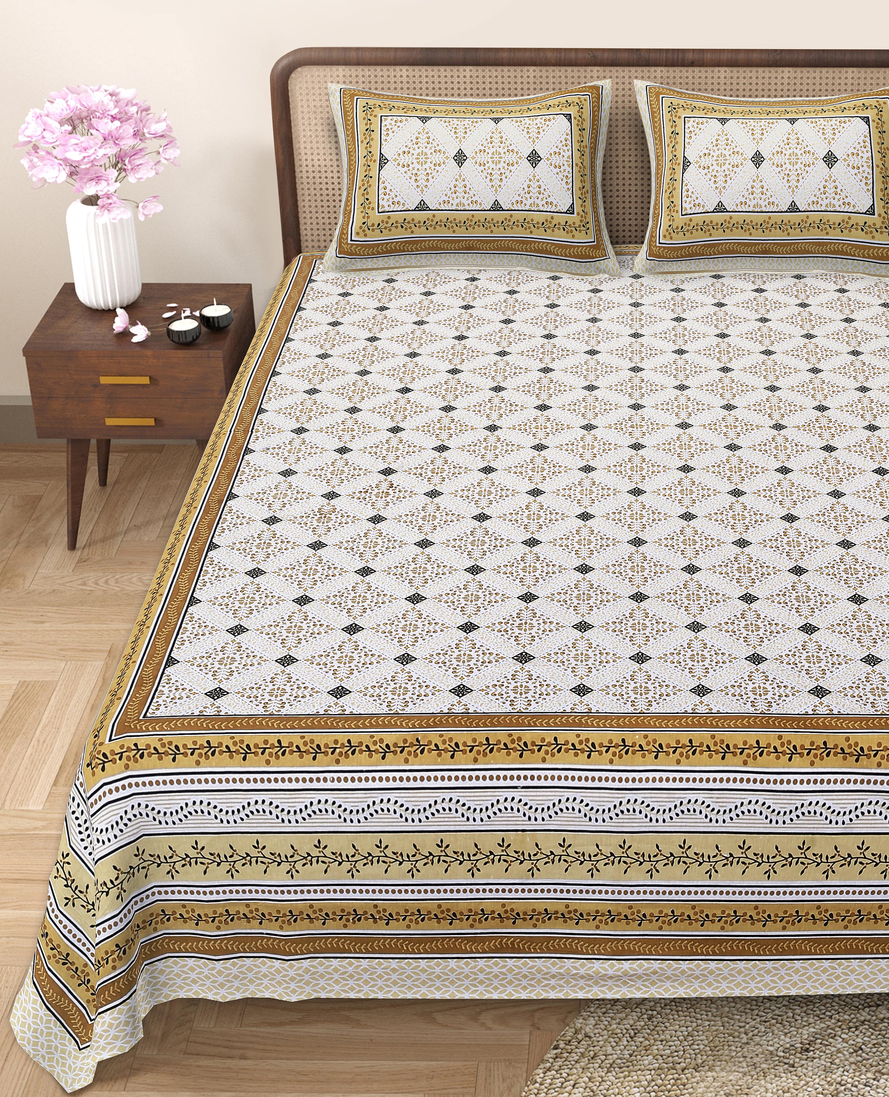 Rangmahal Collection 90x108 Viscose Double Bedsheet with Intricate Motifs & Matching Pillow Covers