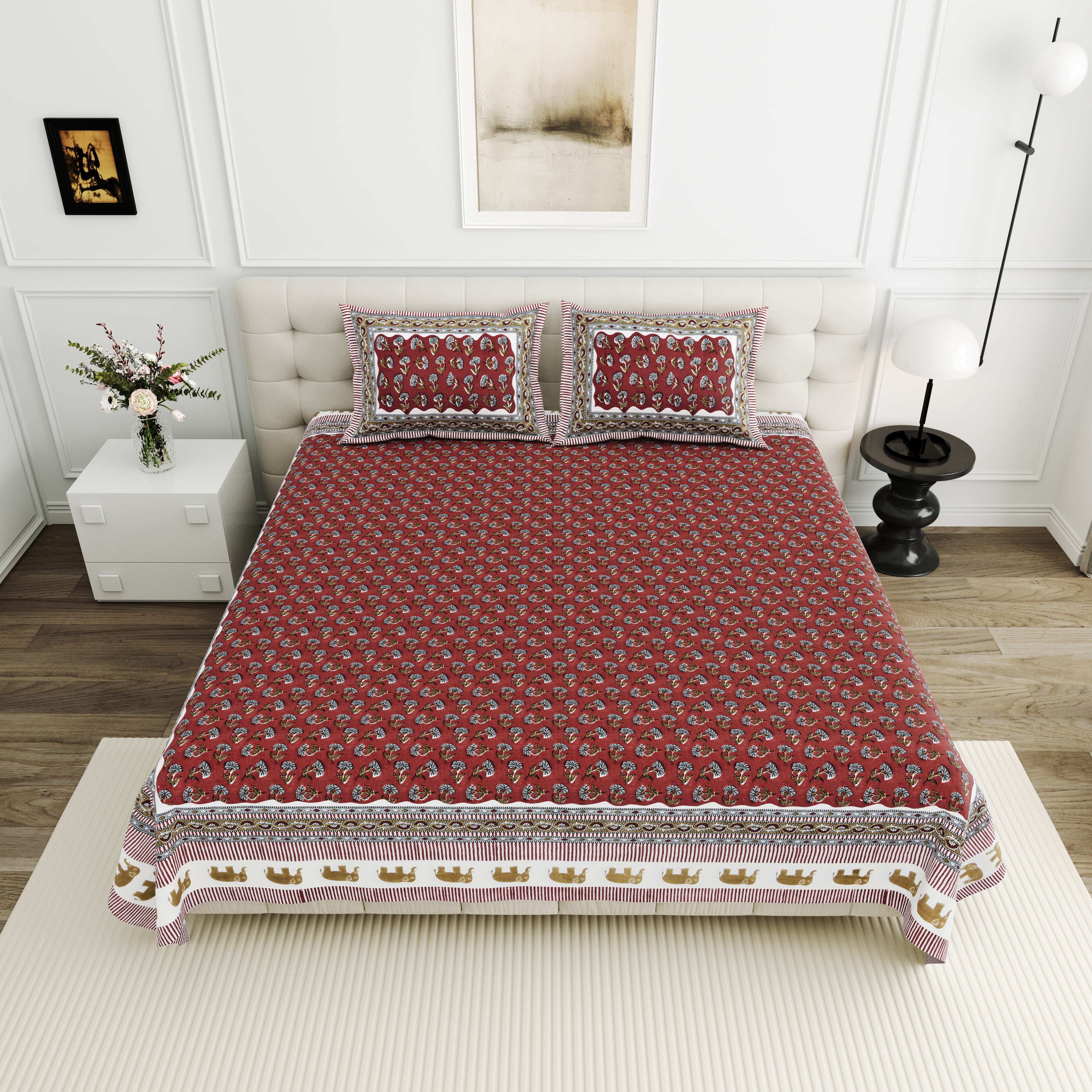 Viscose Bindaas Collection 95x108 Double Bedsheet with Classic Buti Patterns & Pillow Covers