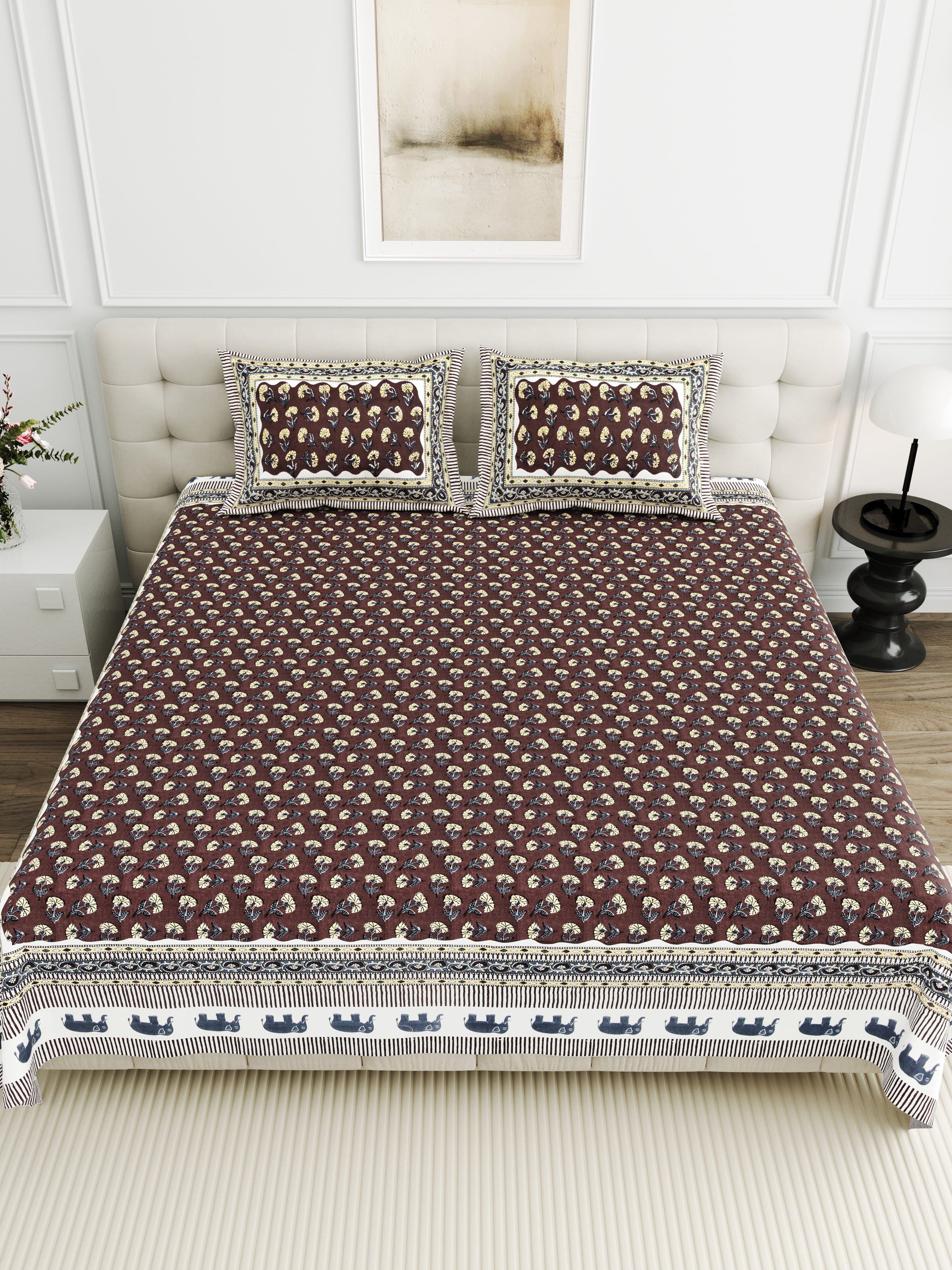 Viscose Bindaas Collection 95x108 Double Bedsheet with Classic Buti Patterns & Pillow Covers
