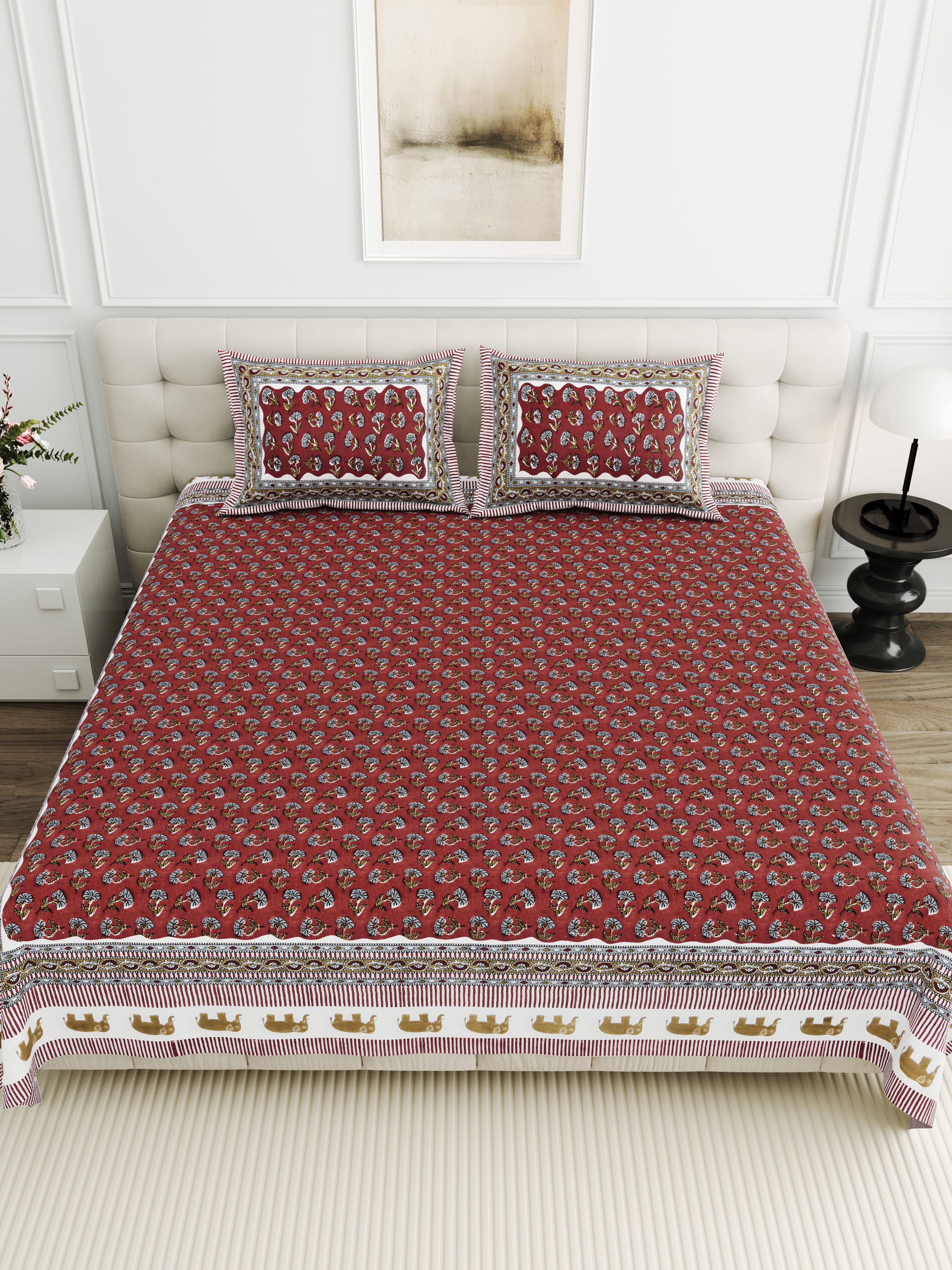 Viscose Bindaas Collection 95x108 Double Bedsheet with Classic Buti Patterns & Pillow Covers