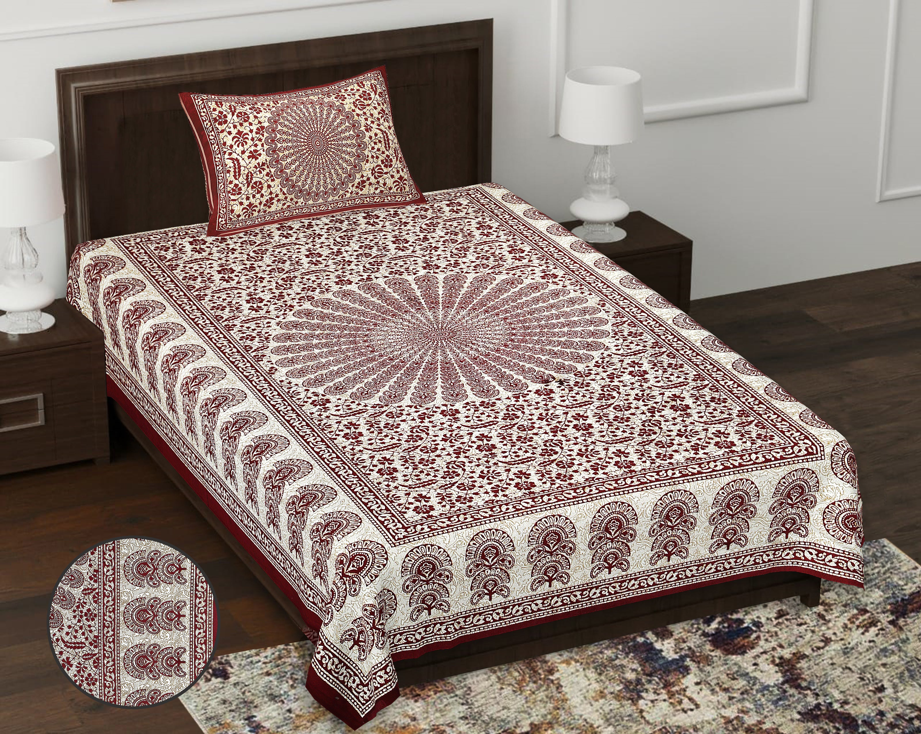 59" Traditional Mandala & Paisley Print 100% Cotton Single Bedsheet with 1 Pillow Cover (60x90)