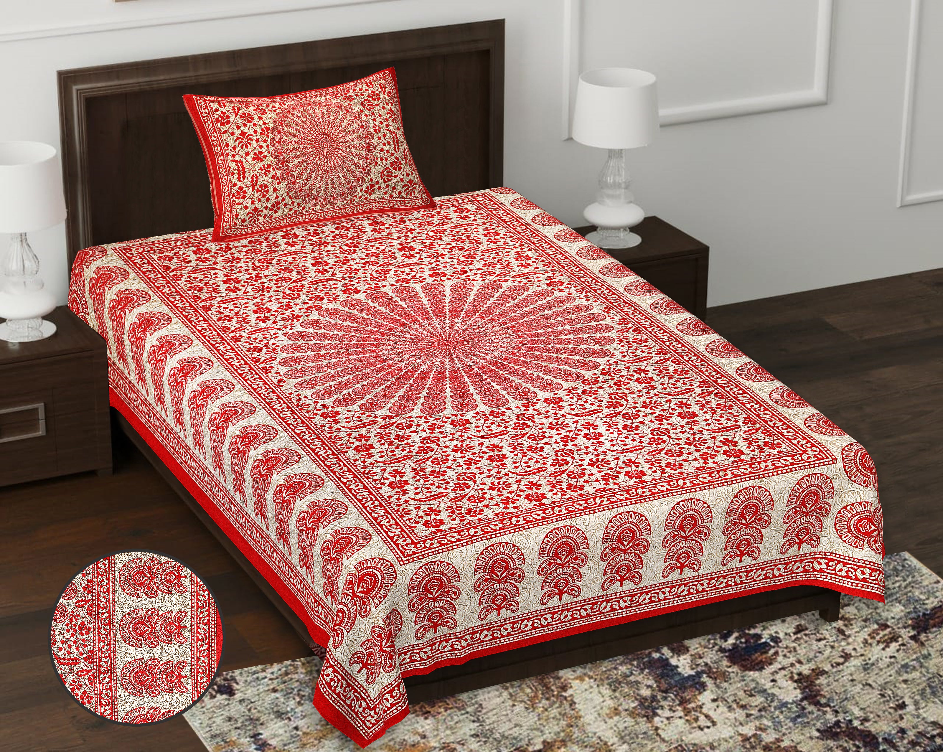 59" Traditional Mandala & Paisley Print 100% Cotton Single Bedsheet with 1 Pillow Cover (60x90)