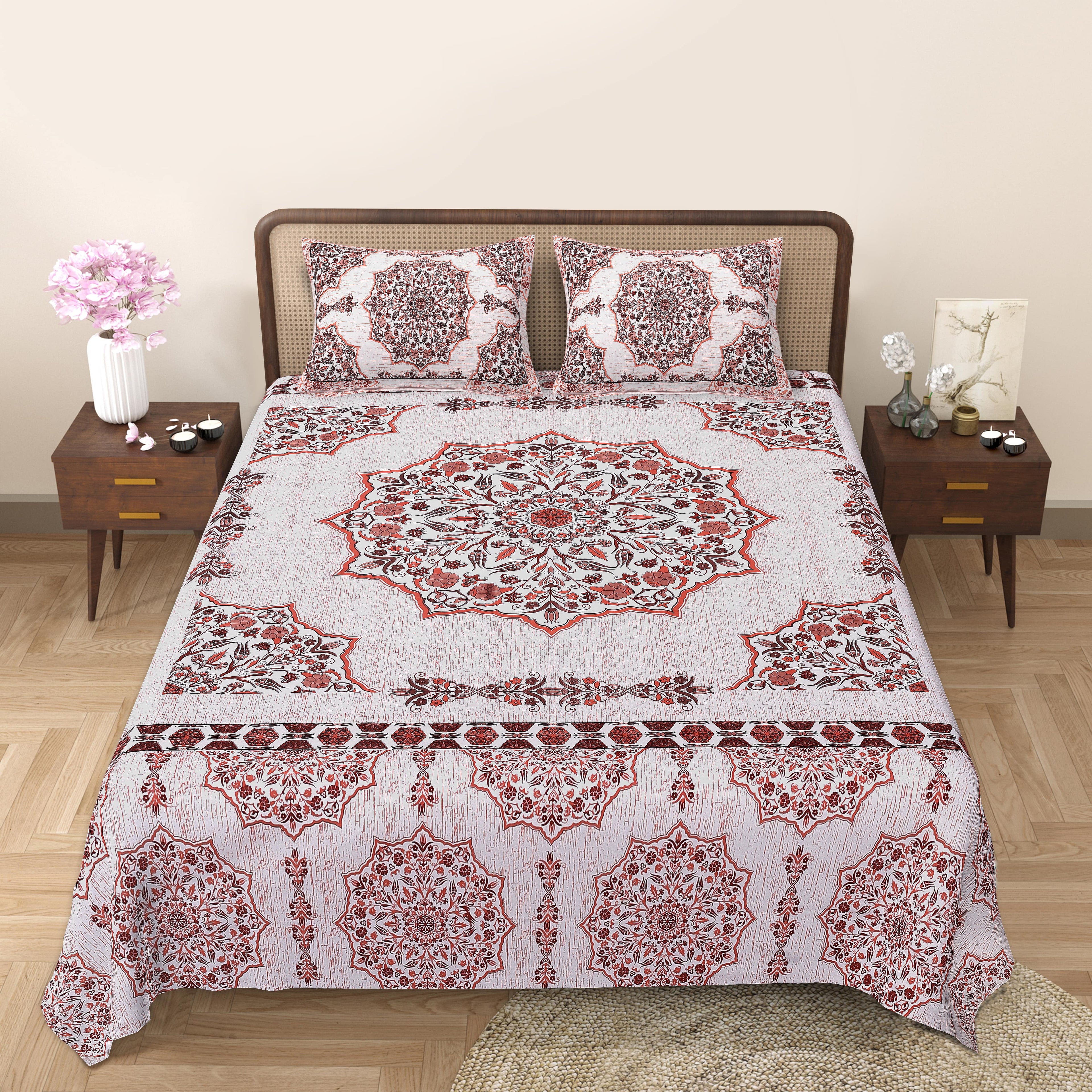 Rangmahal Collection 90x108 Viscose Double Bedsheet with Intricate Motifs & Matching Pillow Covers