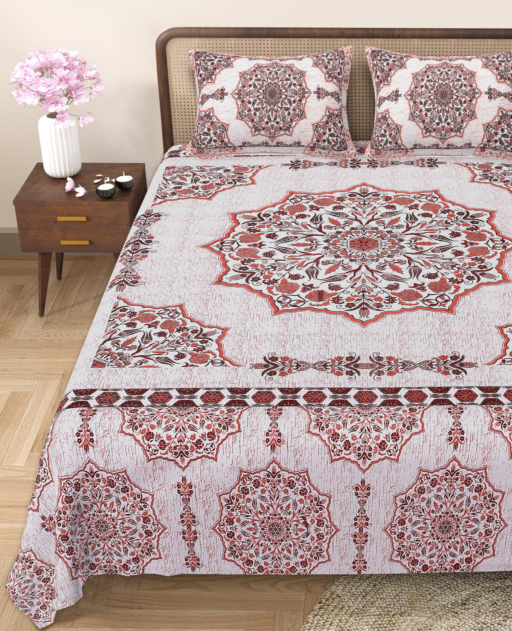 Rangmahal Collection 90x108 Viscose Double Bedsheet with Intricate Motifs & Matching Pillow Covers