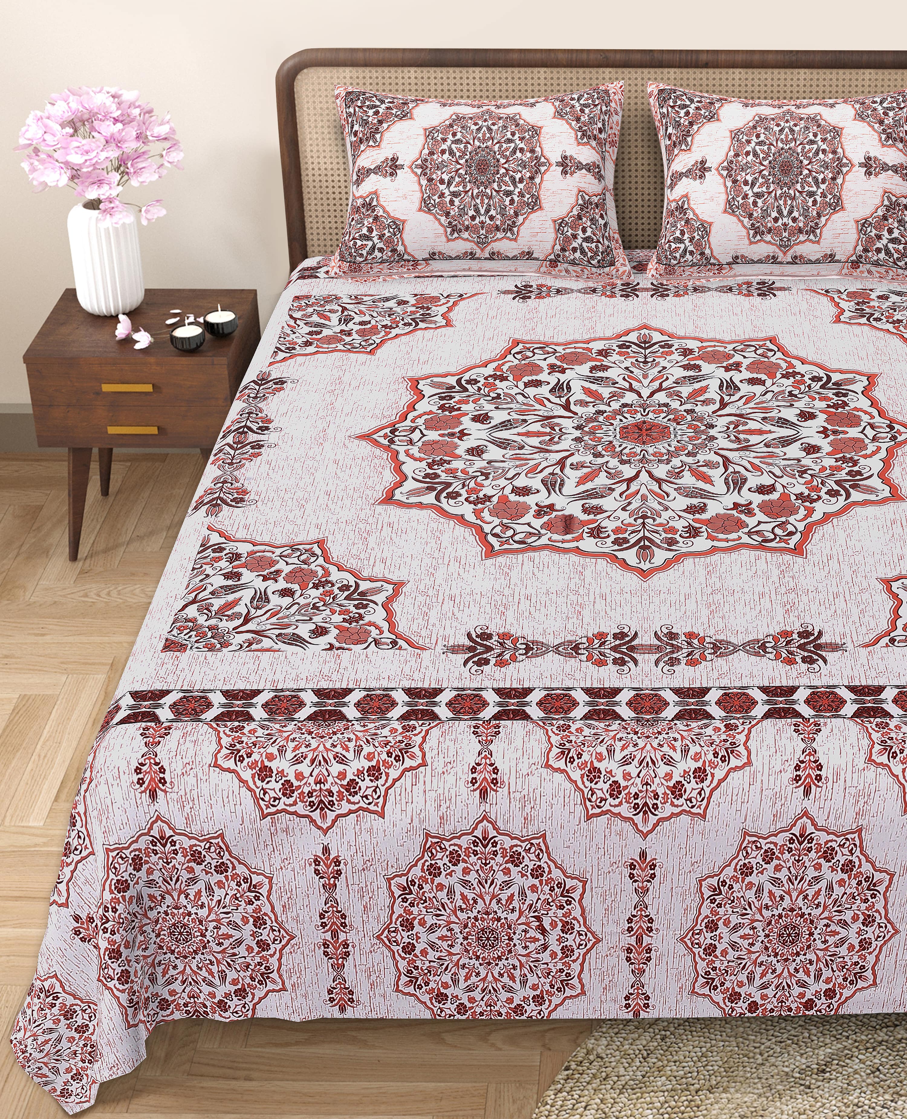 Rangmahal Collection 90x108 Viscose Double Bedsheet with Intricate Motifs & Matching Pillow Covers