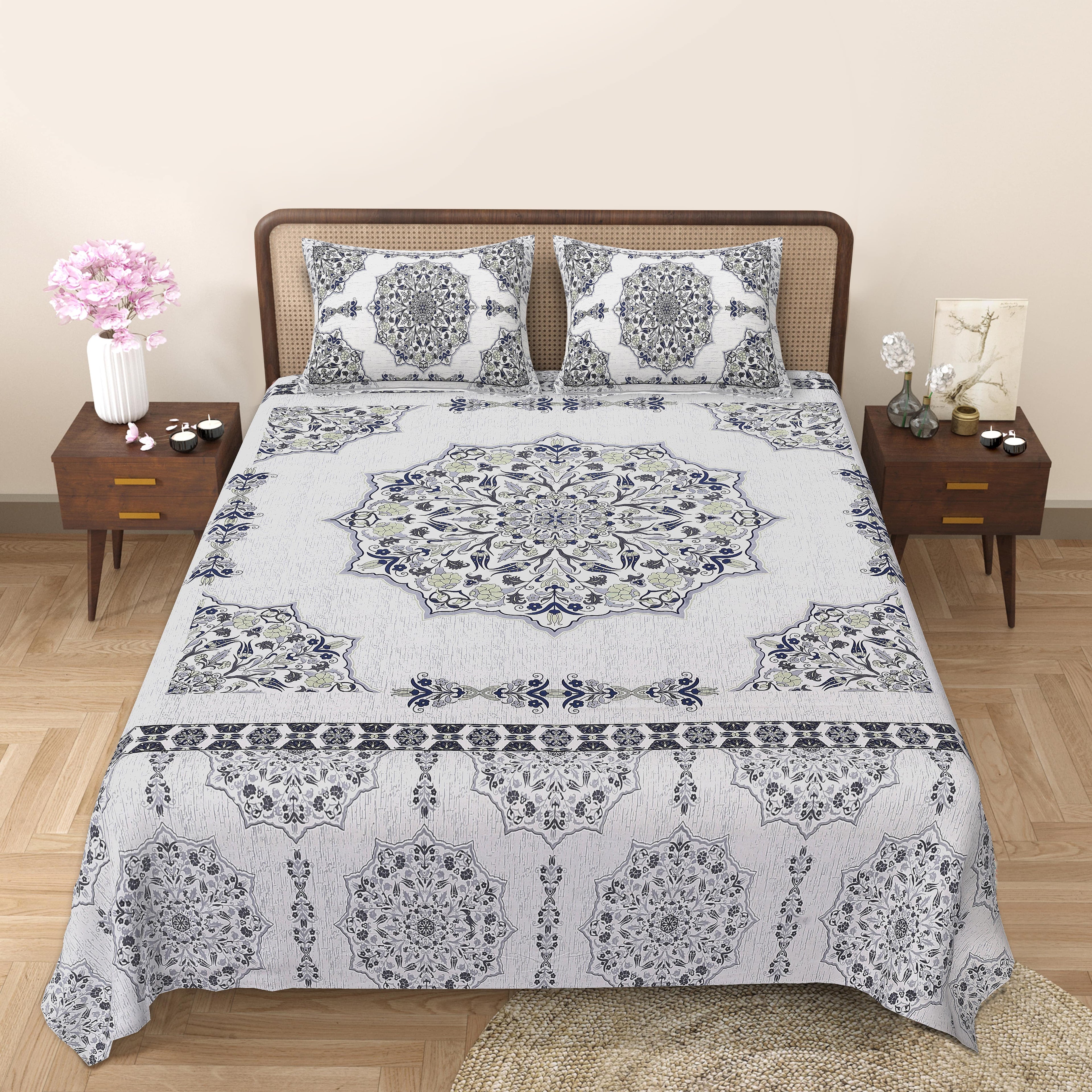 Rangmahal Collection 90x108 Viscose Double Bedsheet with Intricate Motifs & Matching Pillow Covers