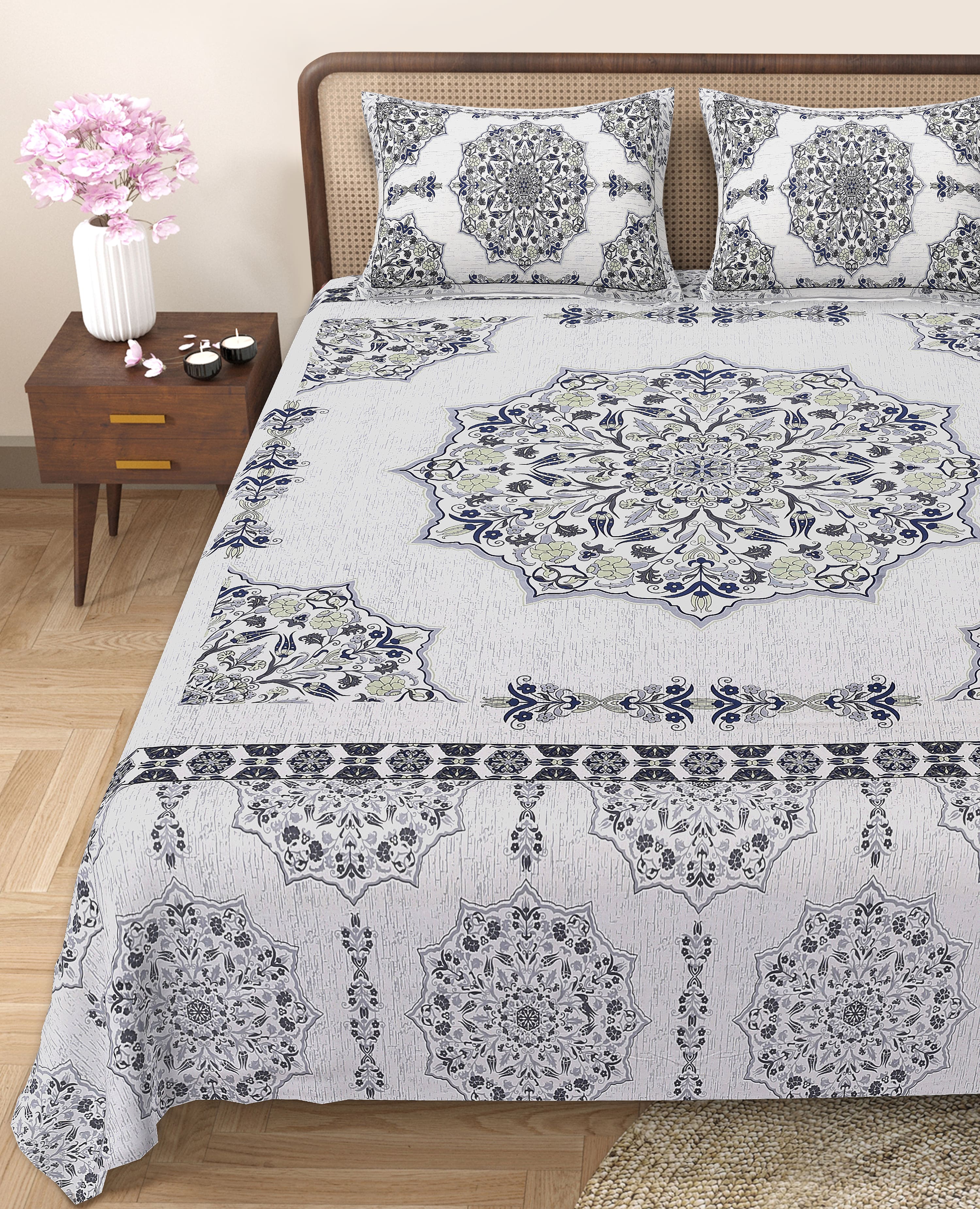 Rangmahal Collection 90x108 Viscose Double Bedsheet with Intricate Motifs & Matching Pillow Covers