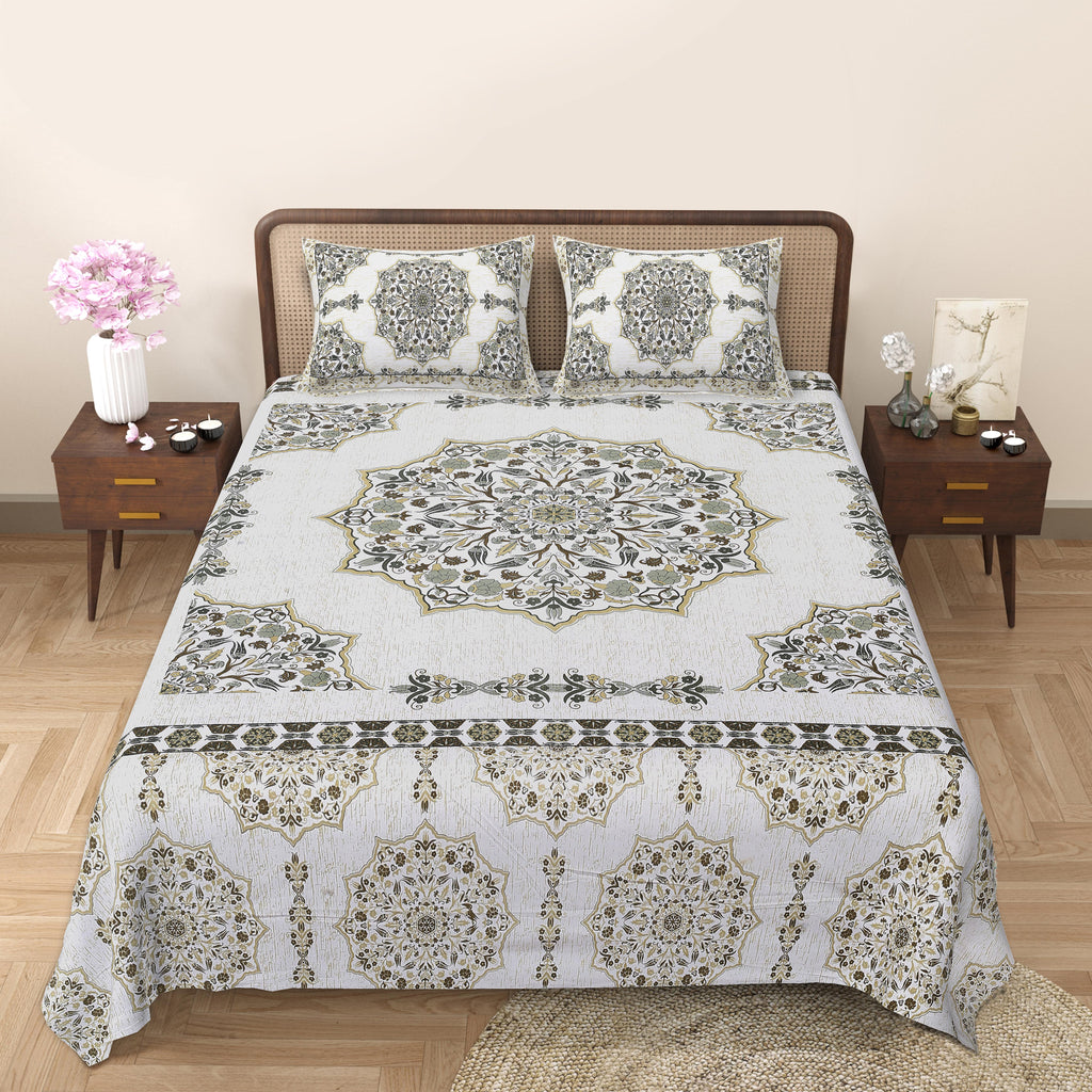Rangmahal Collection 90x108 Viscose Double Bedsheet with Intricate Motifs & Matching Pillow Covers