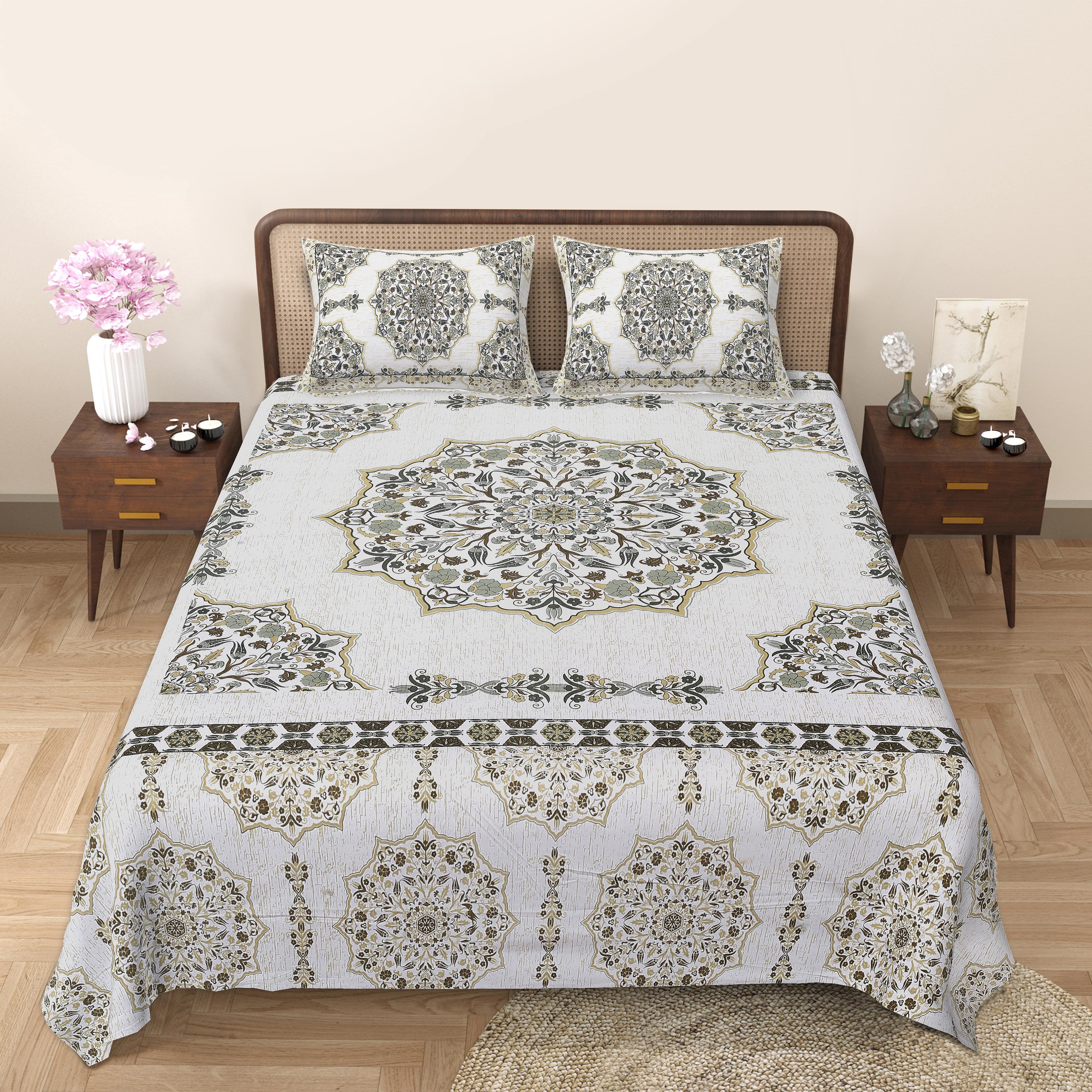 Rangmahal Collection 90x108 Viscose Double Bedsheet with Intricate Motifs & Matching Pillow Covers
