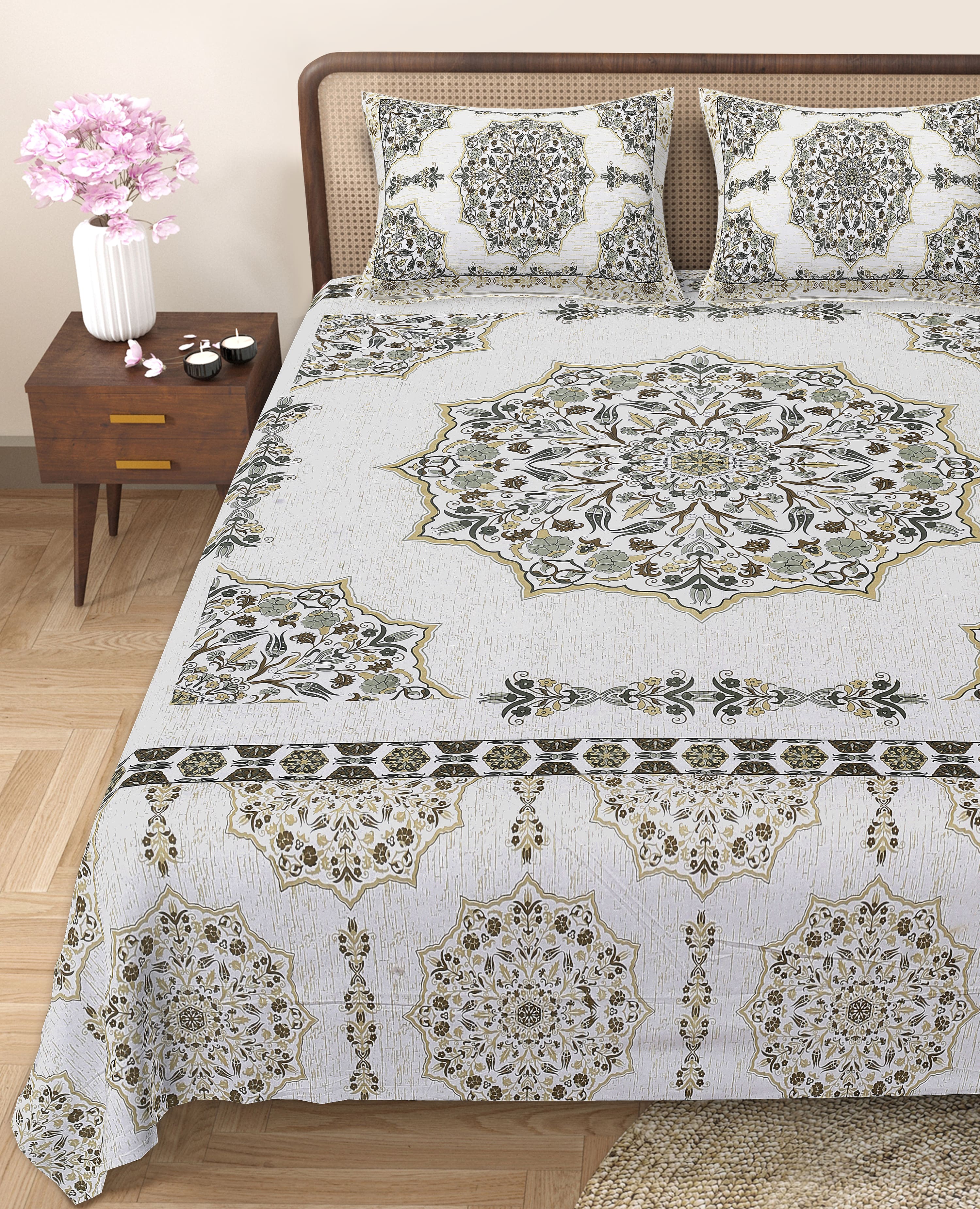Rangmahal Collection 90x108 Viscose Double Bedsheet with Intricate Motifs & Matching Pillow Covers