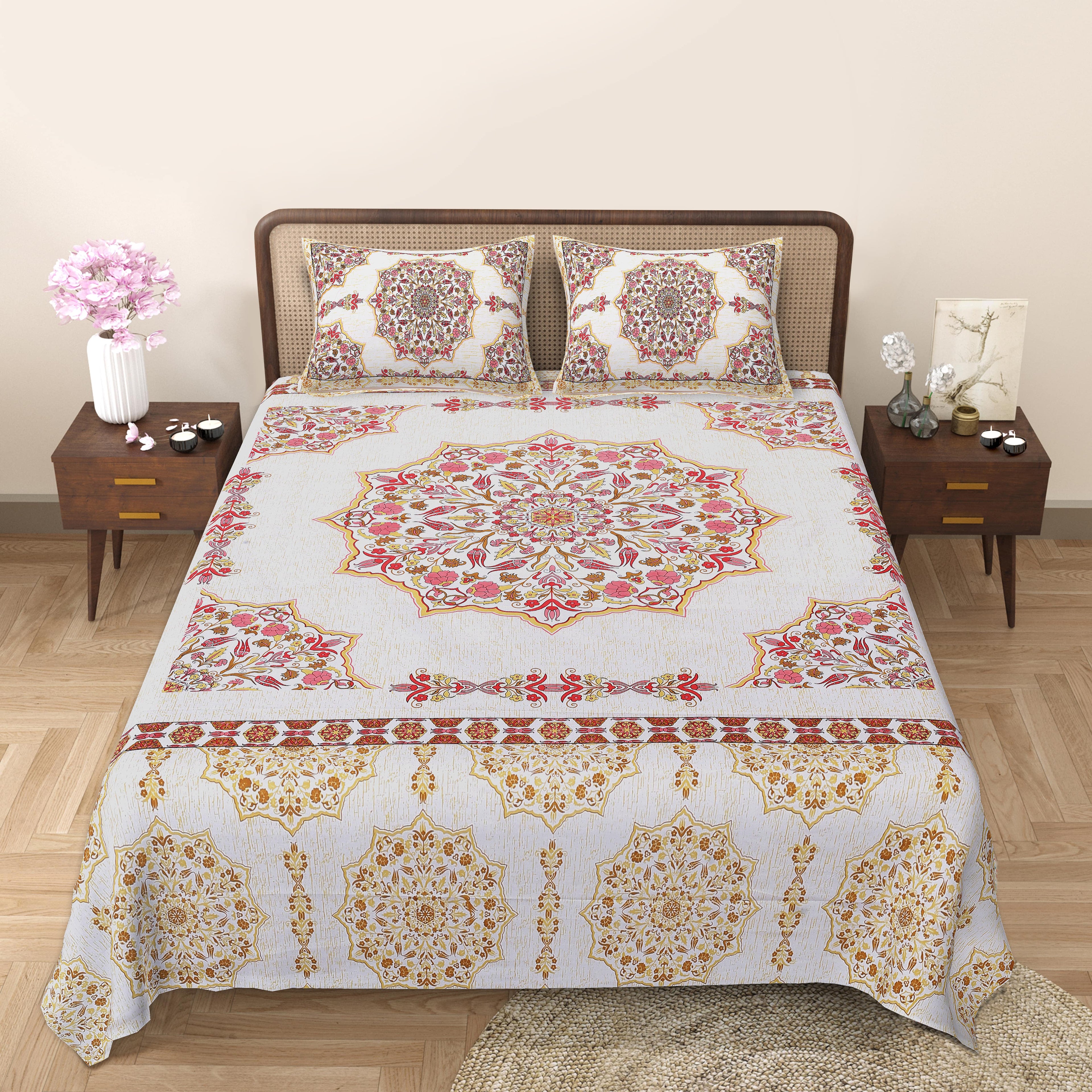 Rangmahal Collection 90x108 Viscose Double Bedsheet with Intricate Motifs & Matching Pillow Covers