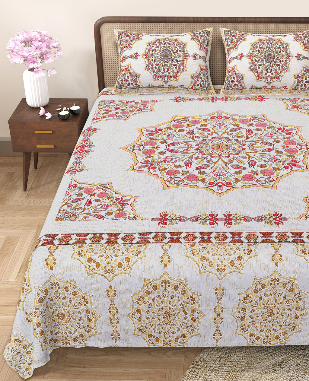 Rangmahal Collection 90x108 Viscose Double Bedsheet with Intricate Motifs & Matching Pillow Covers