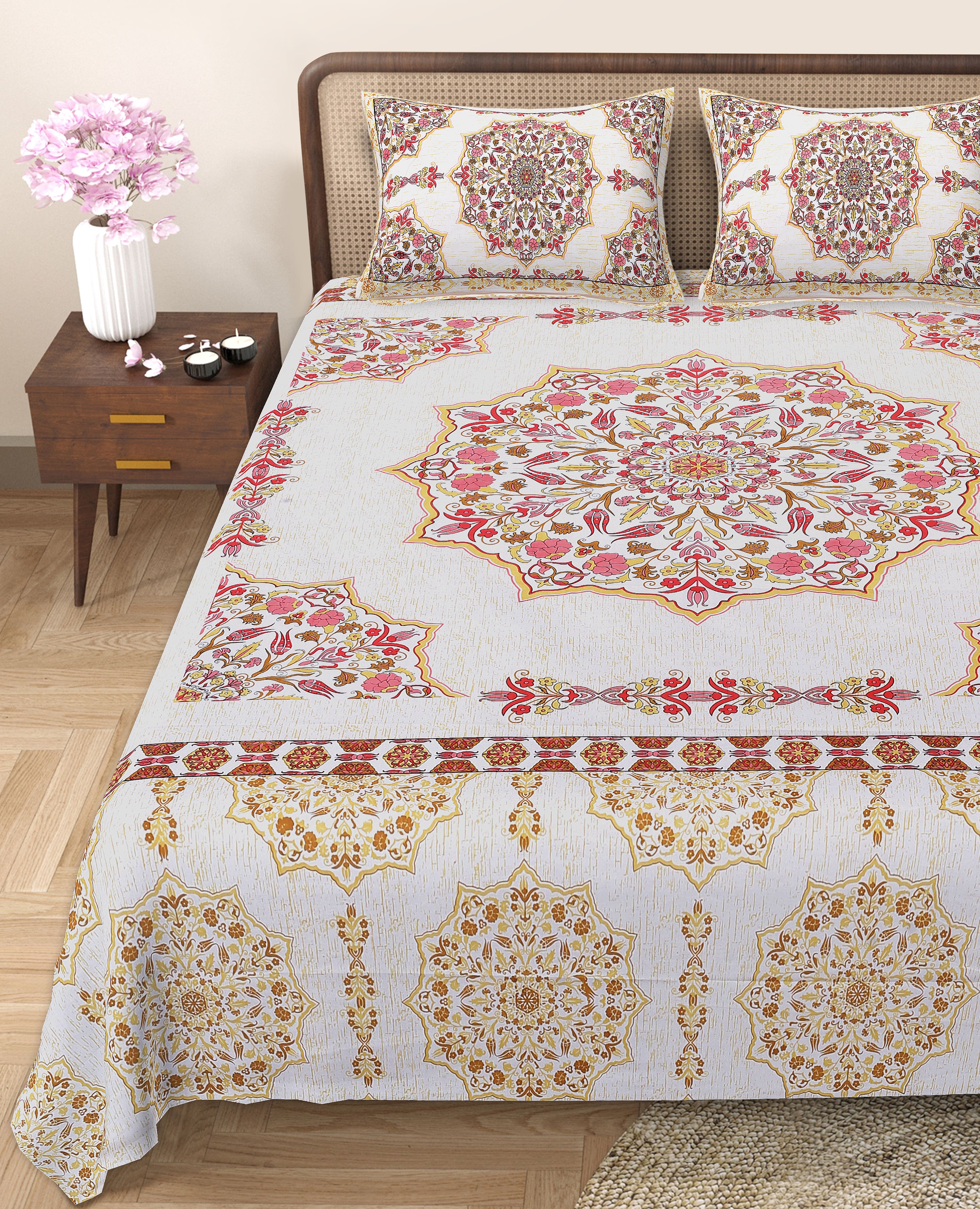 Rangmahal Collection 90x108 Viscose Double Bedsheet with Intricate Motifs & Matching Pillow Covers