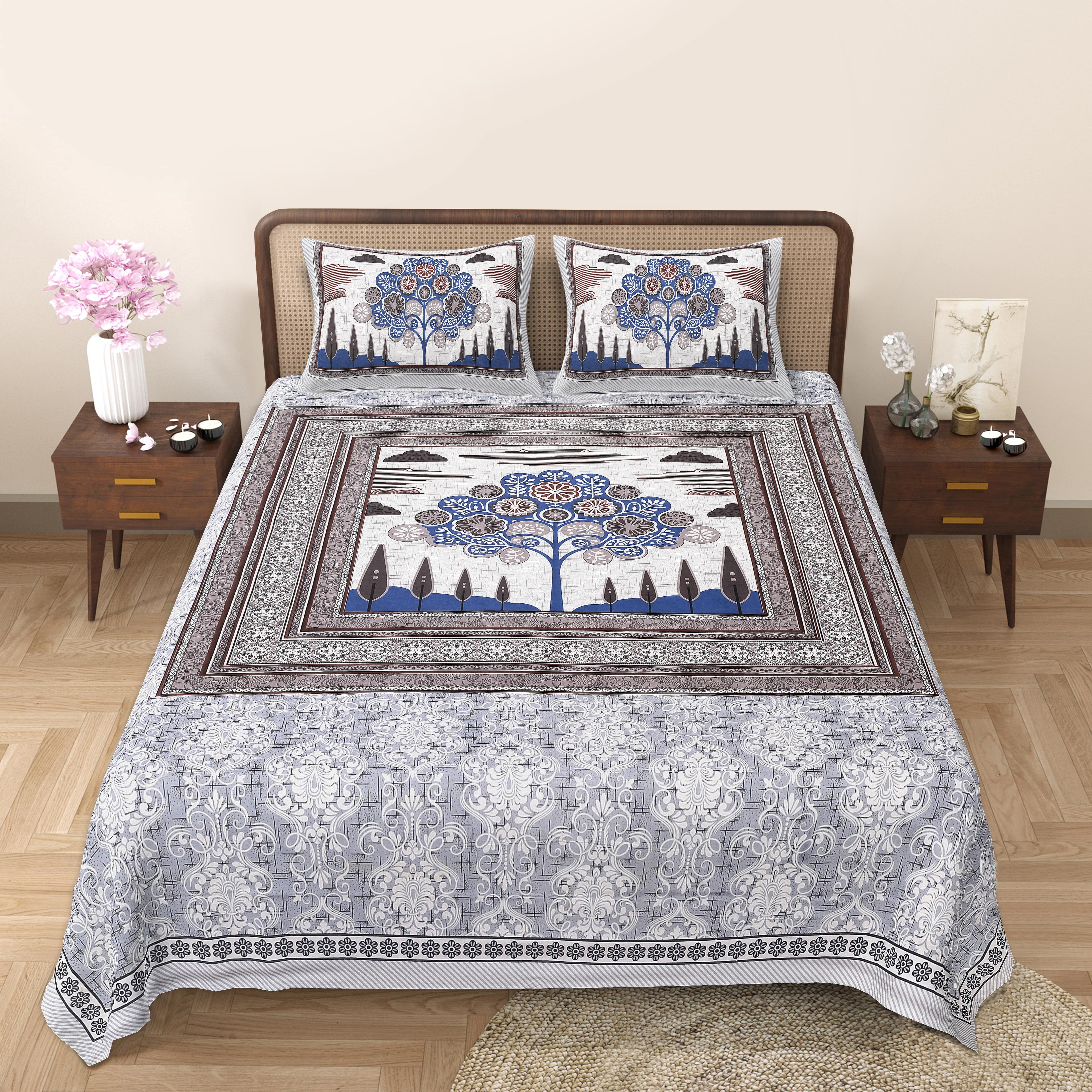 Rangmahal Collection 90x108 Viscose Double Bedsheet with Artistic Tree of Life Design & Matching Pillow Covers
