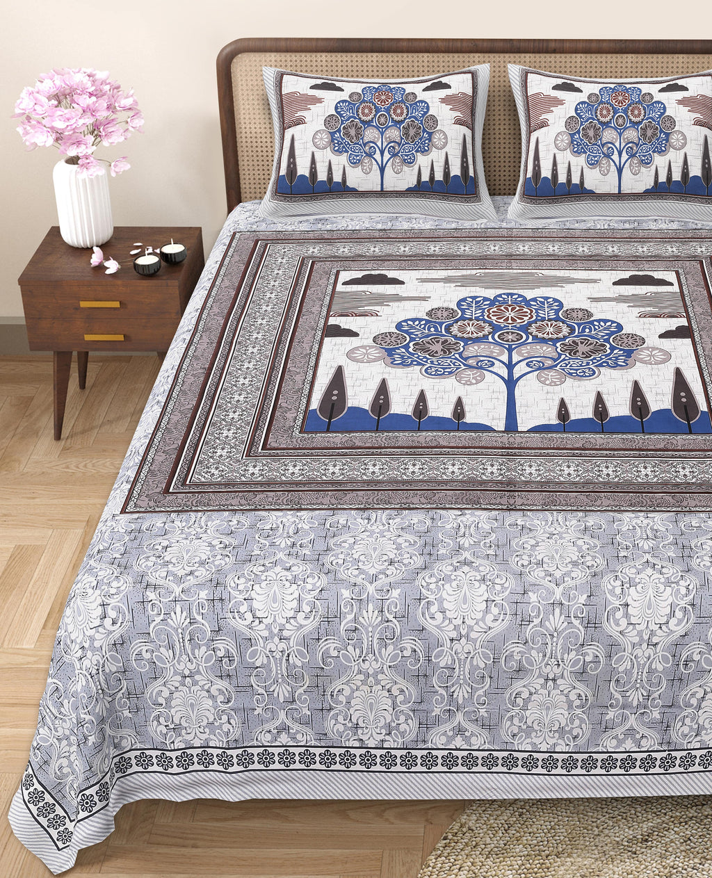 Rangmahal Collection 90x108 Viscose Double Bedsheet with Artistic Tree of Life Design & Matching Pillow Covers