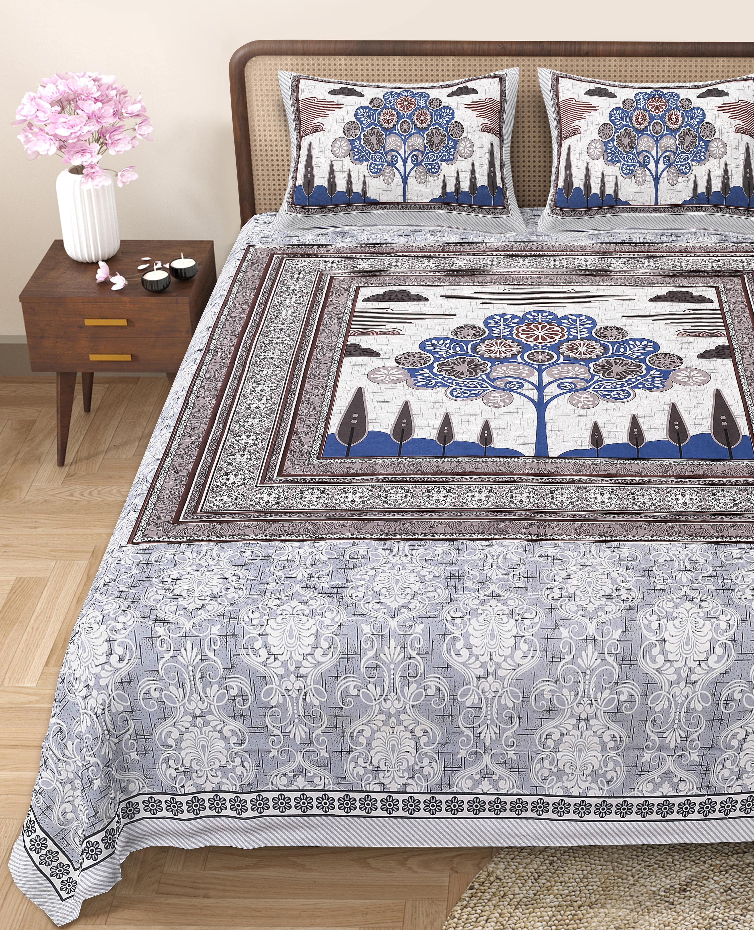 Rangmahal Collection 90x108 Viscose Double Bedsheet with Artistic Tree of Life Design & Matching Pillow Covers