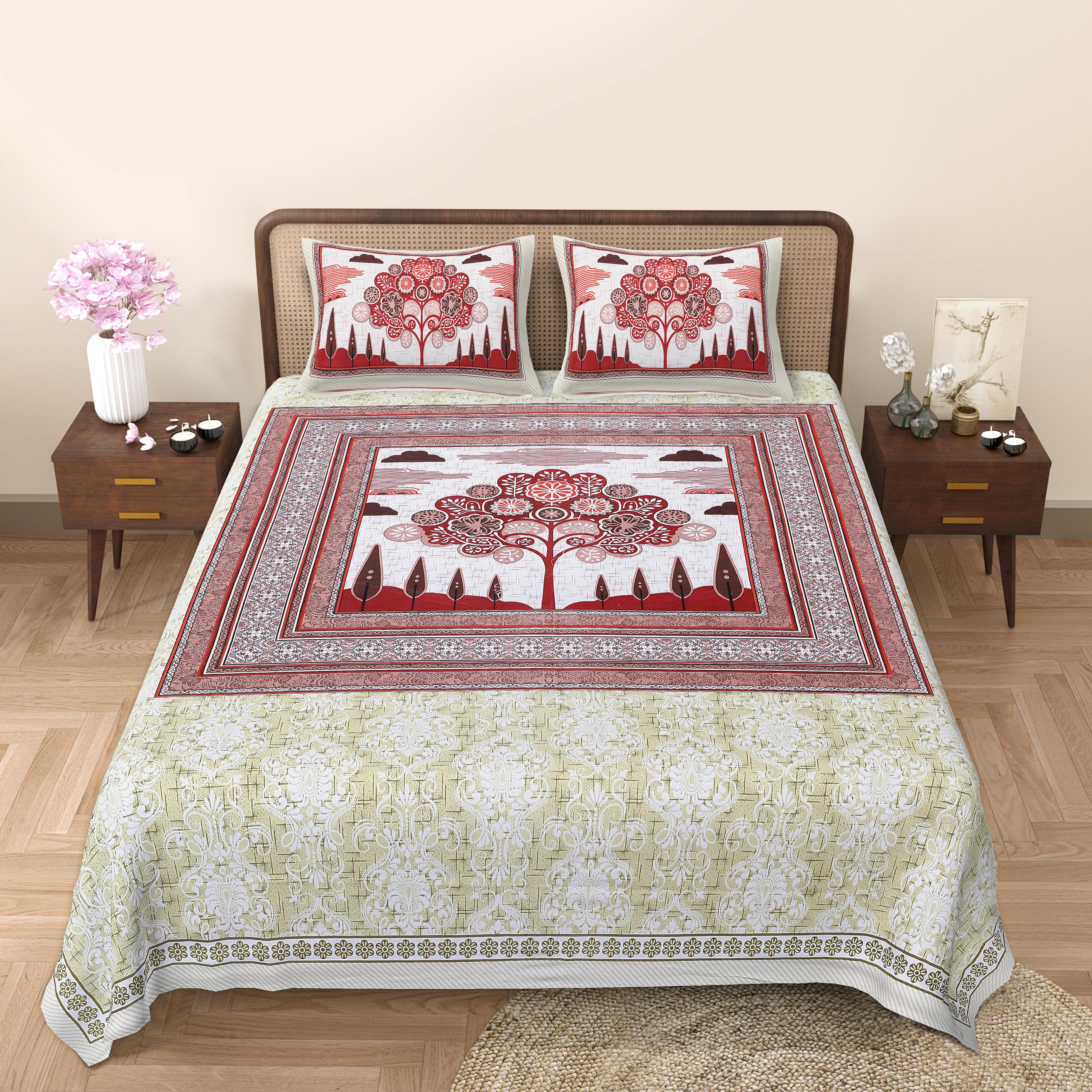 Rangmahal Collection 90x108 Viscose Double Bedsheet with Artistic Tree of Life Design & Matching Pillow Covers