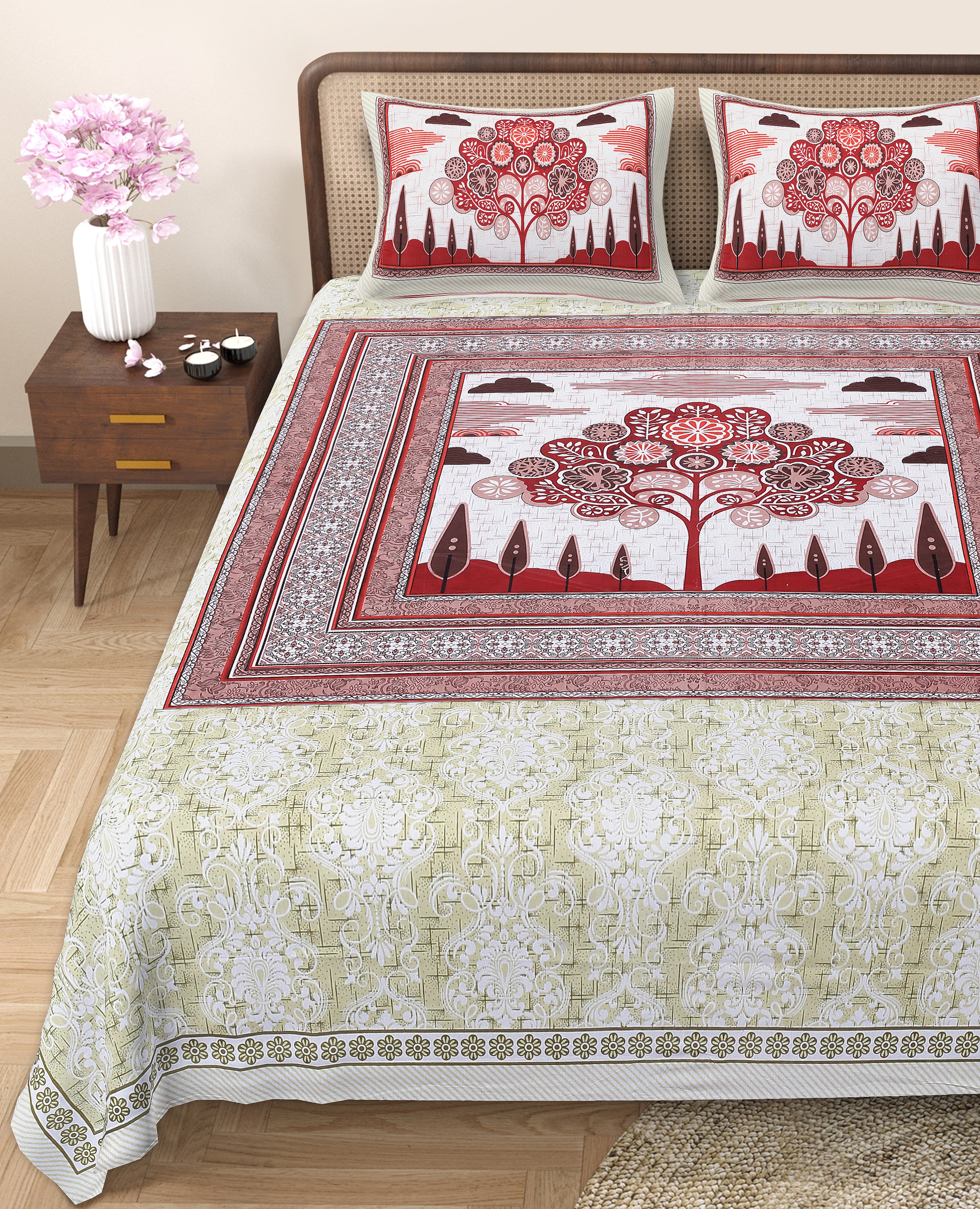 Rangmahal Collection 90x108 Viscose Double Bedsheet with Artistic Tree of Life Design & Matching Pillow Covers