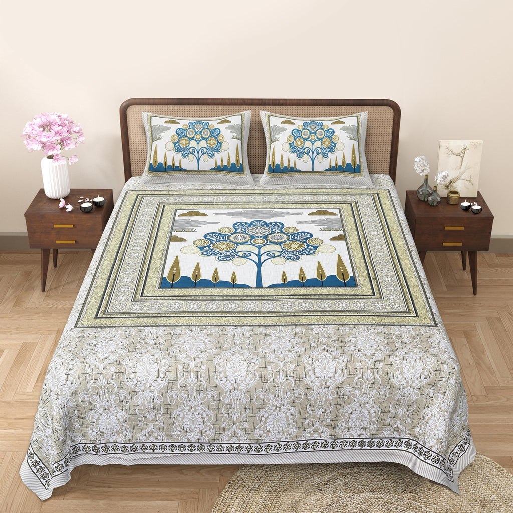 Rangmahal Collection 90x108 Viscose Double Bedsheet with Artistic Tree of Life Design & Matching Pillow Covers