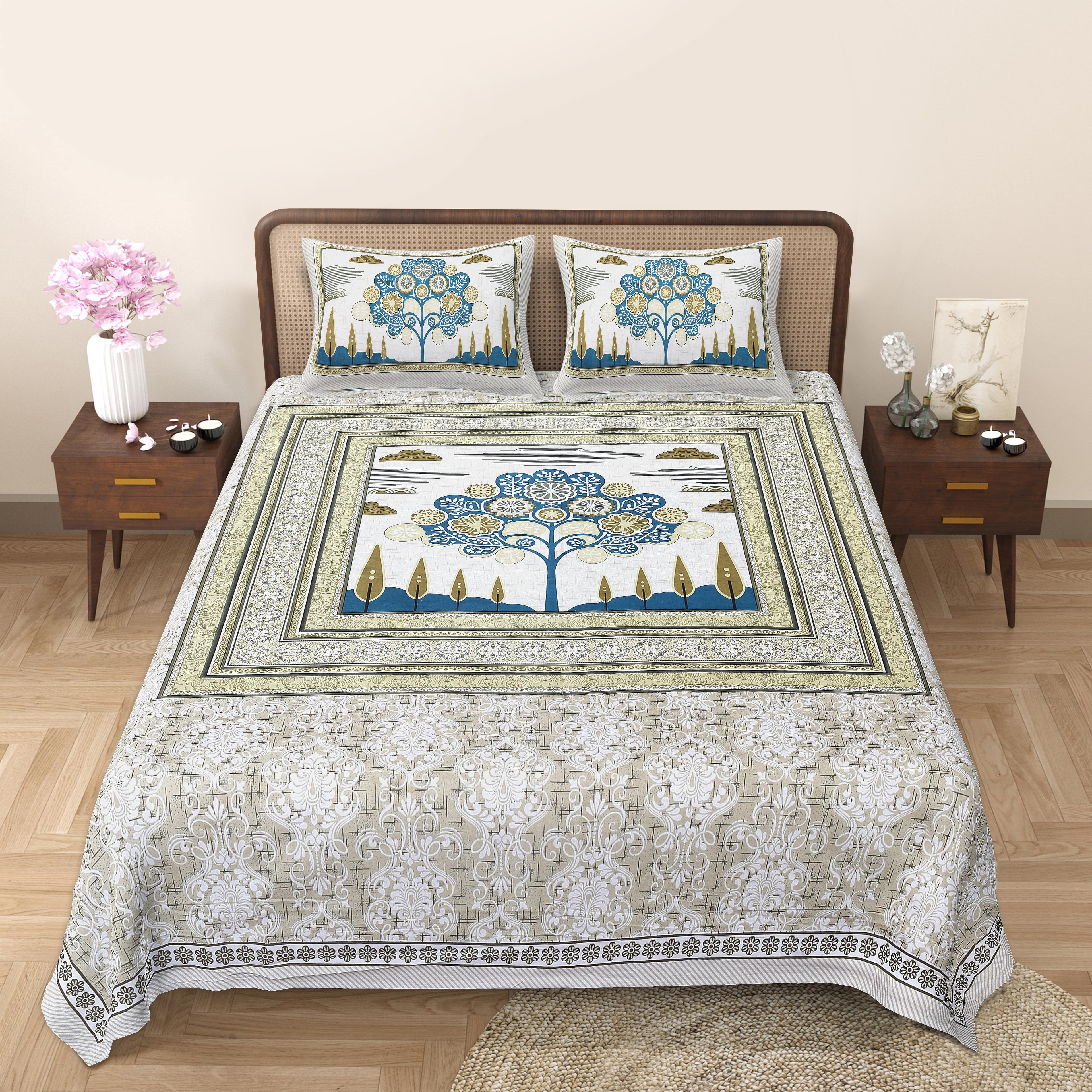 Rangmahal Collection 90x108 Viscose Double Bedsheet with Artistic Tree of Life Design & Matching Pillow Covers